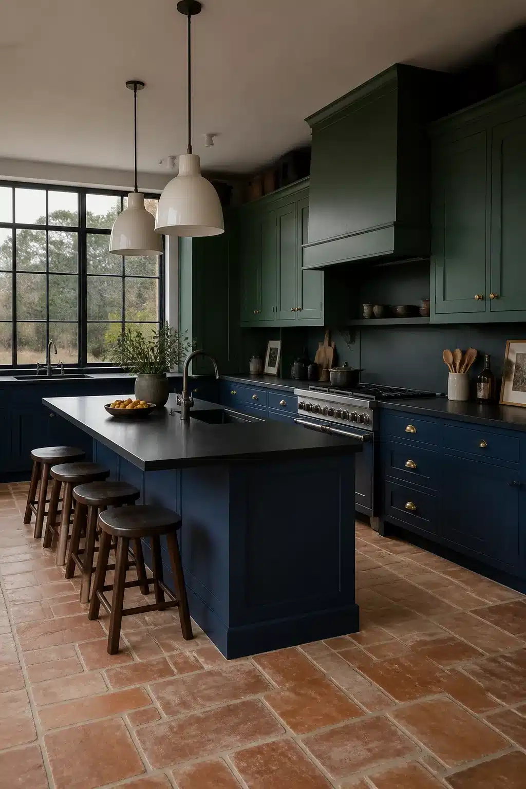 Navy and forest green kitchen cabinet color combo with brass hardware and terracotta tile floor
