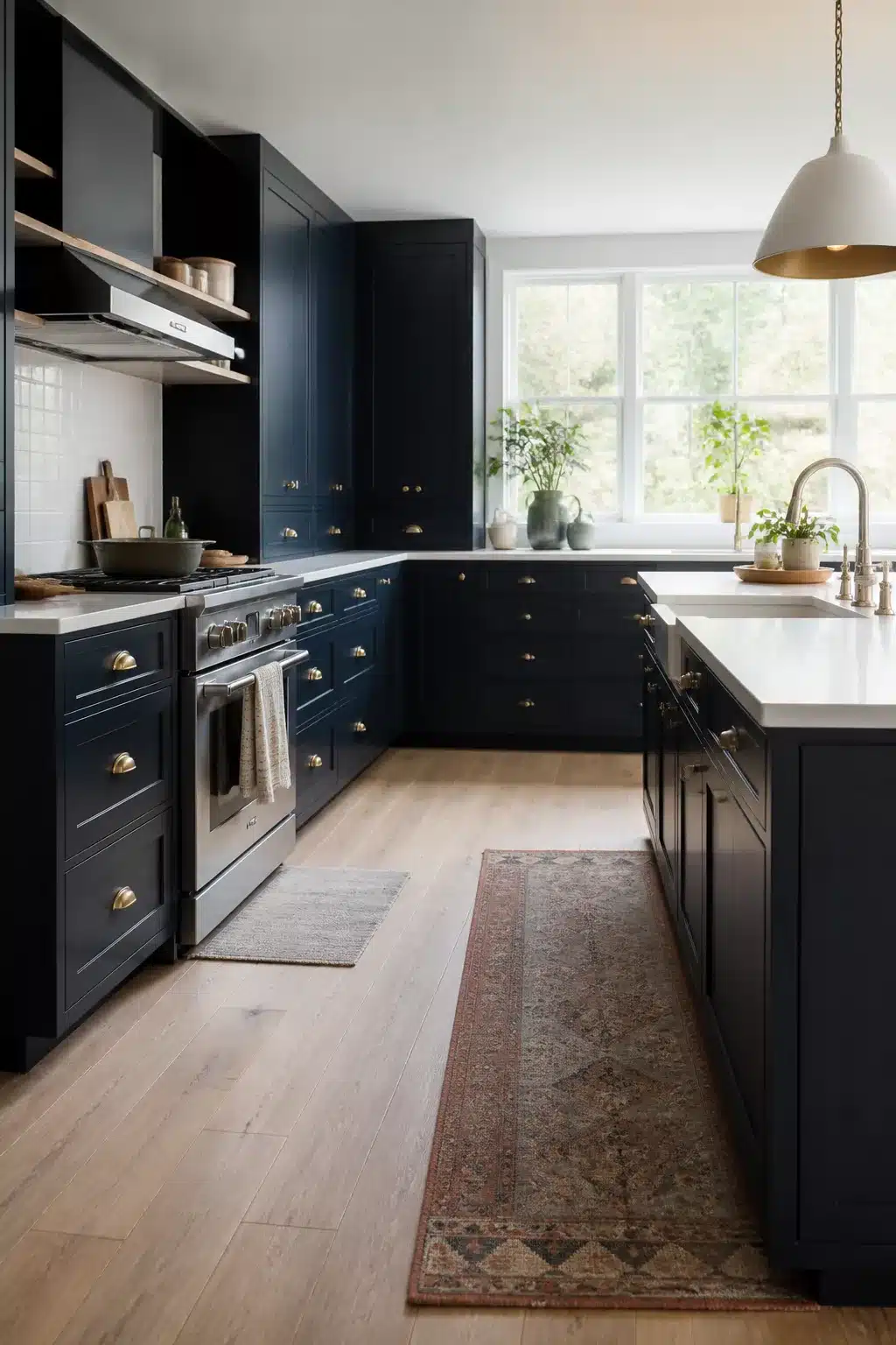 Navy kitchen cabinets with brass cup pulls, white quartz counters, and warm oak hardwood floors