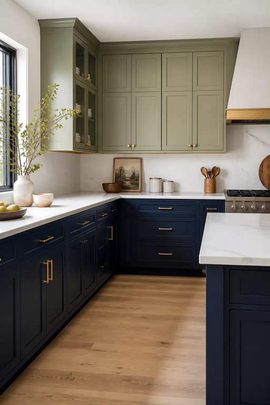 Two-tone kitchen with navy lower cabinets, sage green upper cabinets, brass hardware, and white quartz countertops