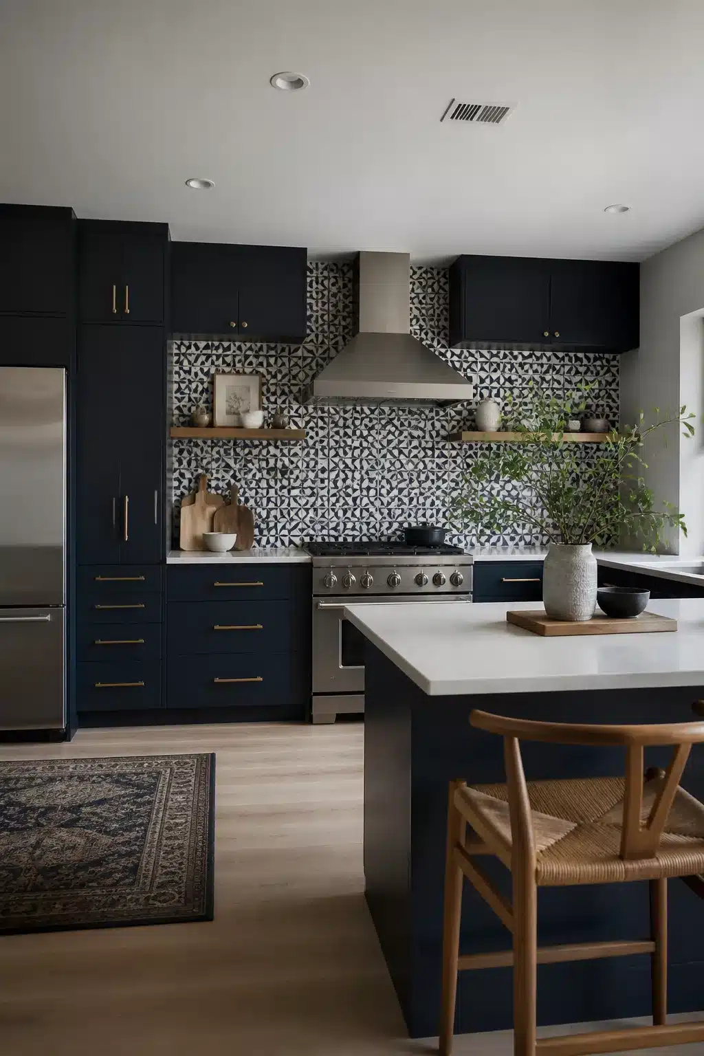 Navy kitchen cabinets with geometric cement tile backsplash, brass hardware, white countertops, and open wood shelving