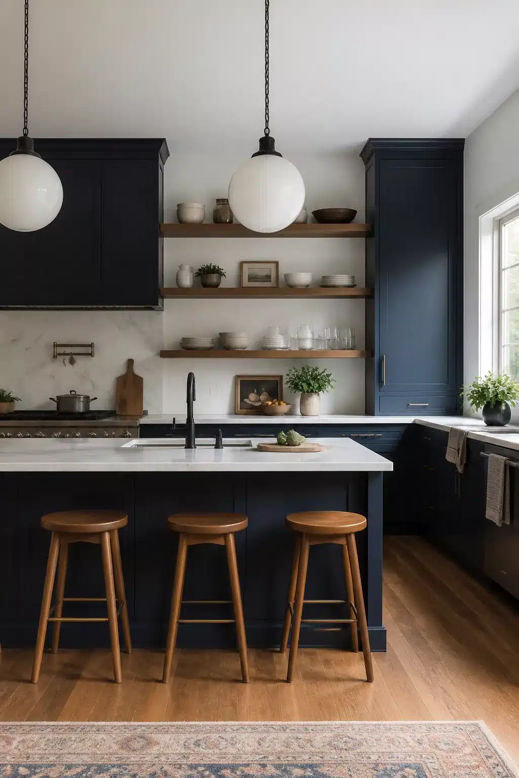 Navy kitchen cabinets with walnut open shelving, marble island countertop, globe pendants, and wood barstools