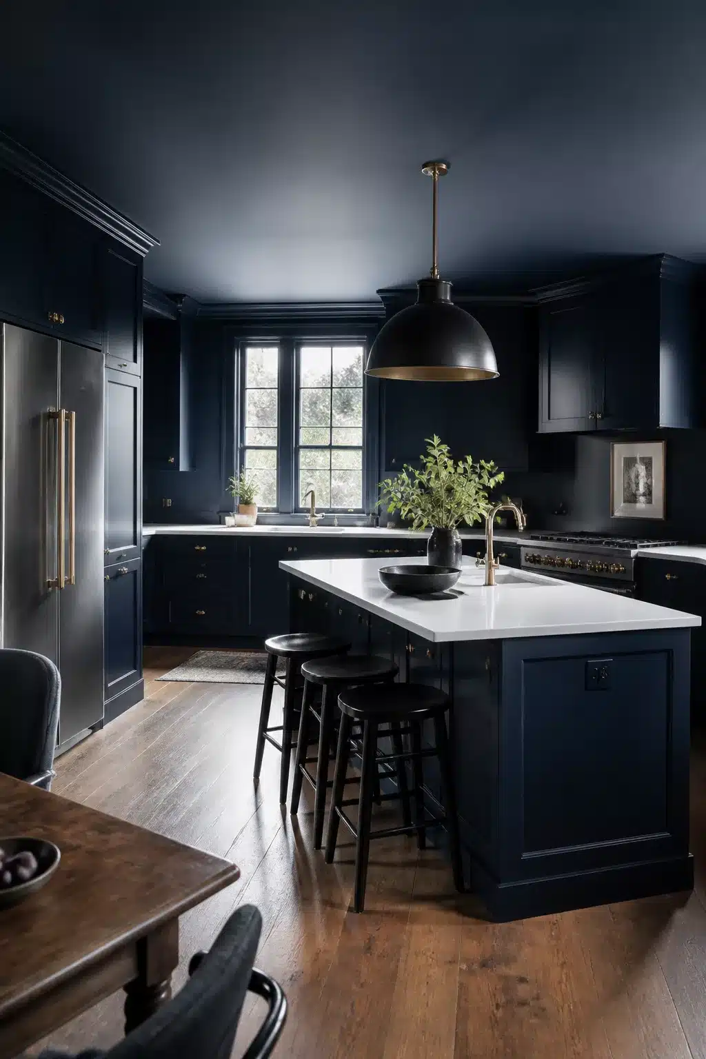 Moody navy kitchen cabinets with matching navy ceiling, white quartz island, and dark wood floors