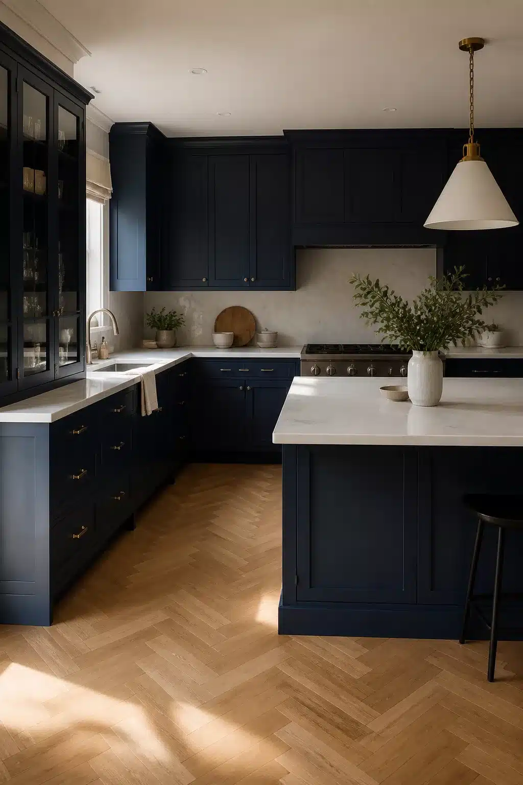 Navy kitchen cabinets in an L-shaped layout with white quartz counters, herringbone parquet floor, and brass pendant light.