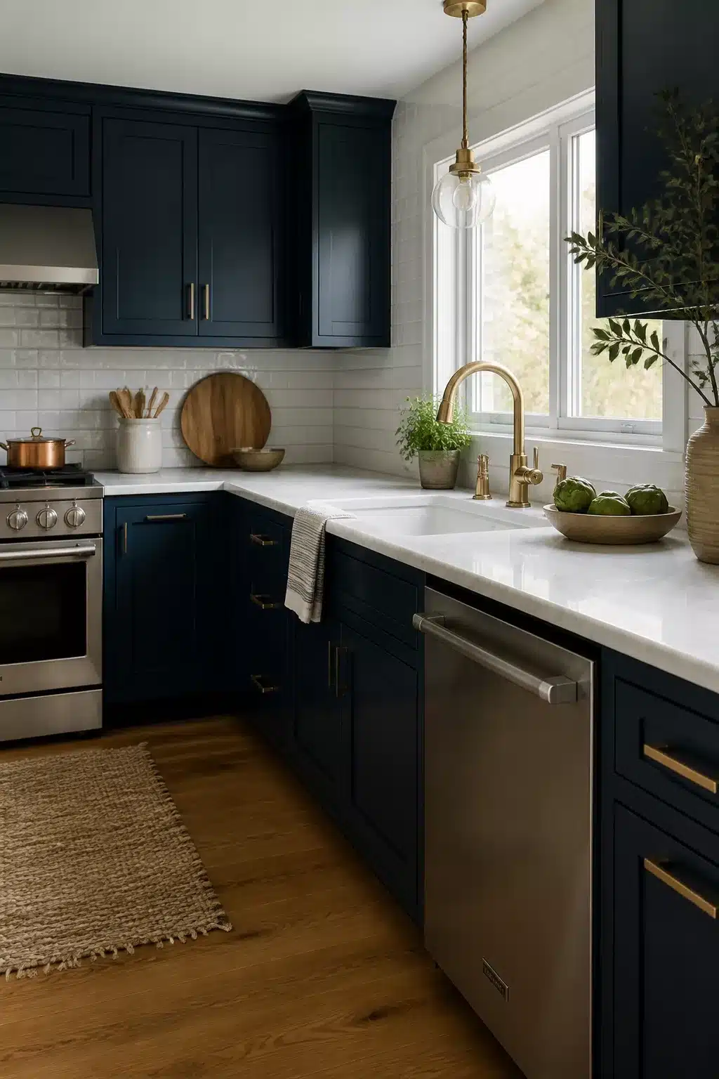 Shaker-style navy kitchen cabinets with white marble countertops, subway tile backsplash, and brass pendant light