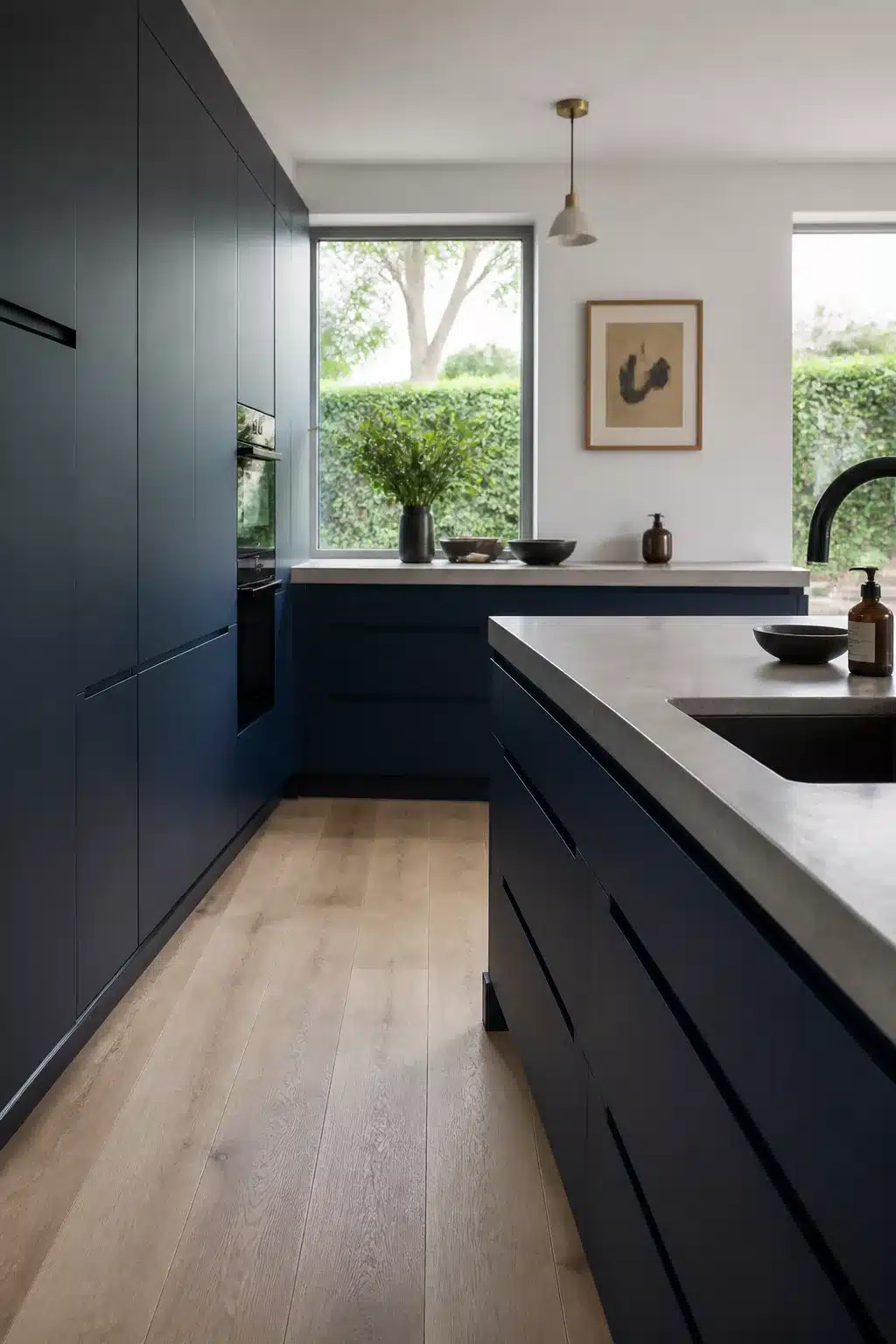 Matte navy kitchen cabinets with integrated handle grooves, concrete countertops, and pale oak wood floors