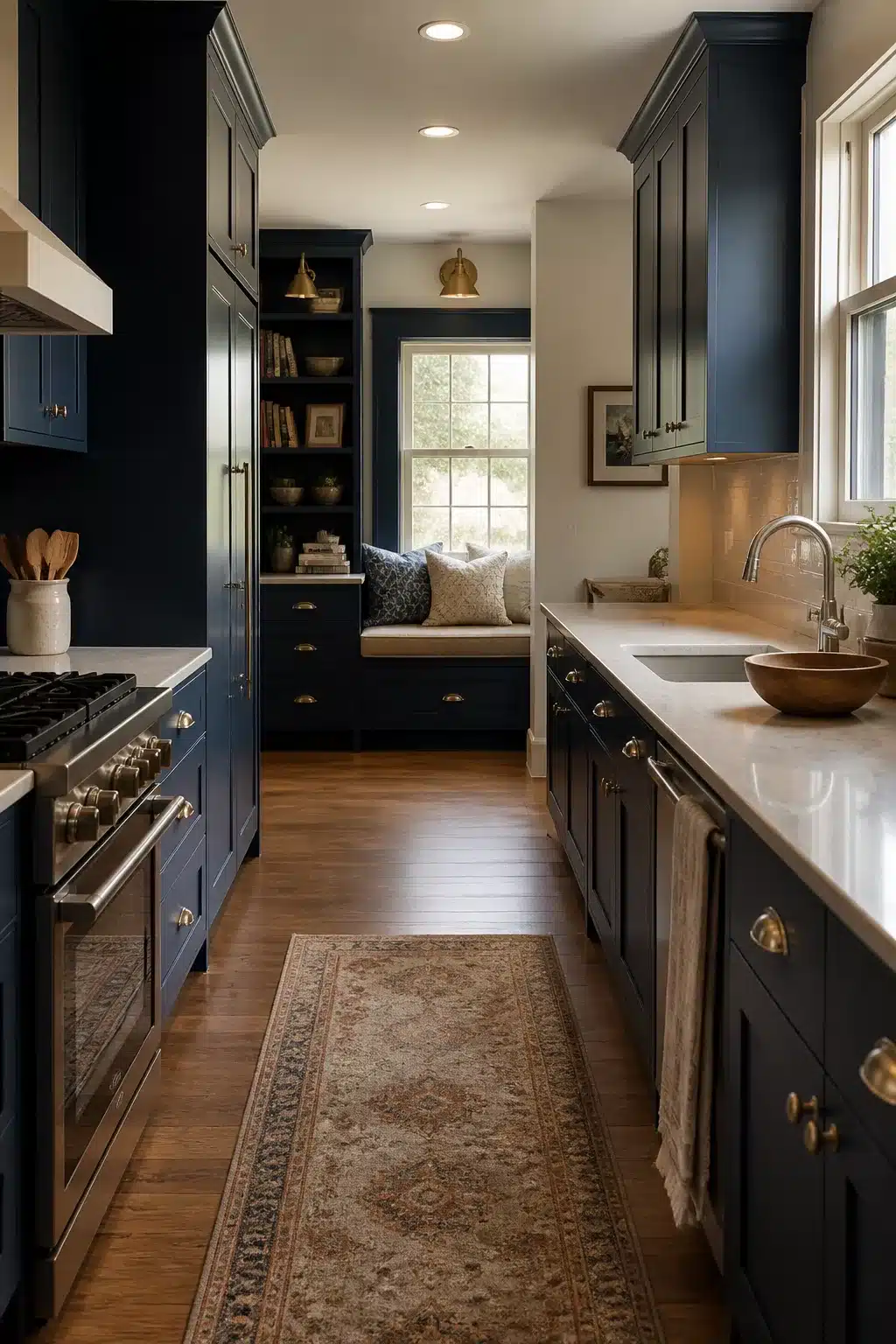 Navy kitchen cabinets lining both sides of a galley kitchen with brass hardware and a vintage runner rug