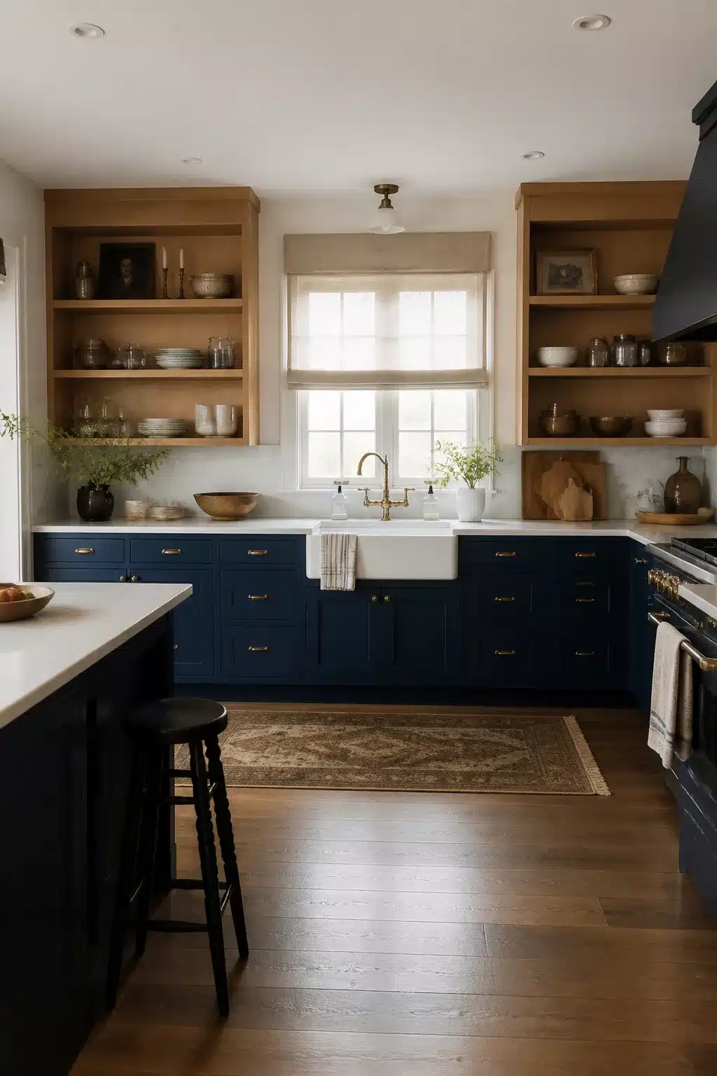 Navy kitchen cabinets with farmhouse sink, brass faucet, and natural oak open shelving above
