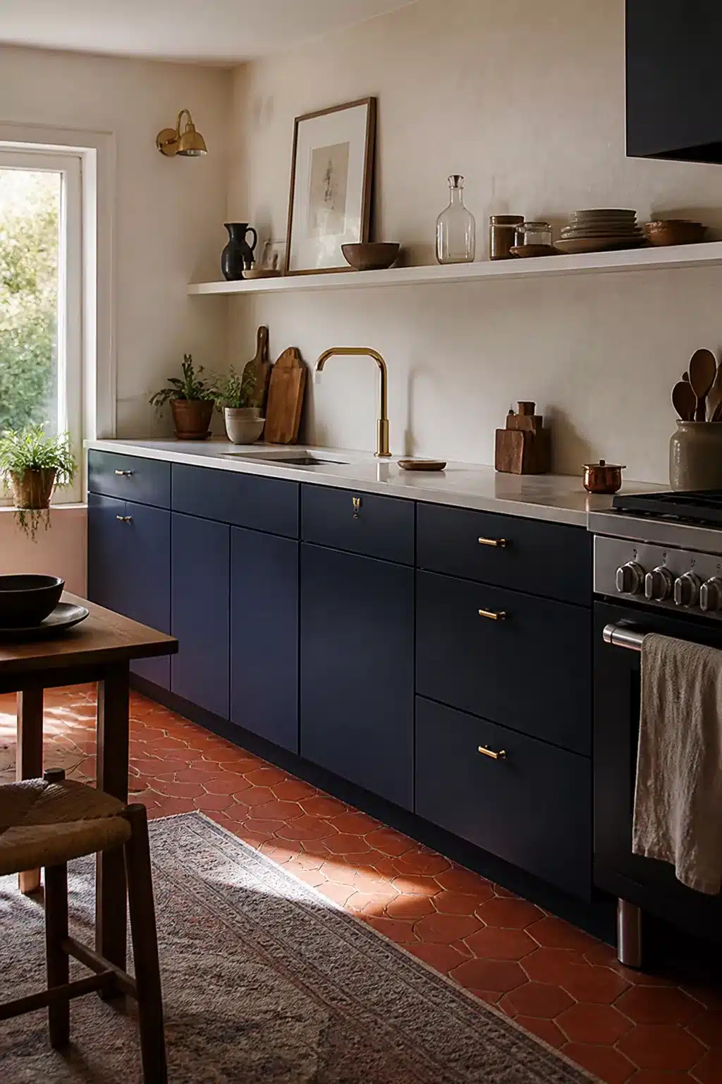 Matte navy kitchen cabinets with brass pulls and terracotta hexagon tile floor, open shelf above