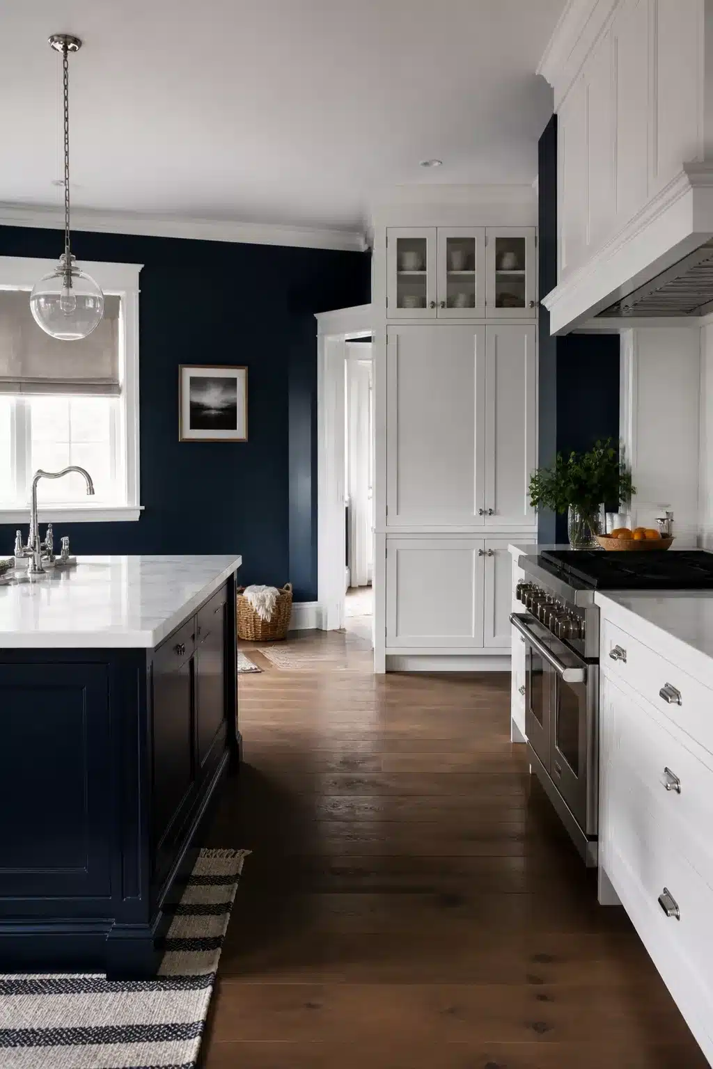 Navy kitchen walls with white shaker cabinets, tall pantry tower, navy island, and warm wood floors