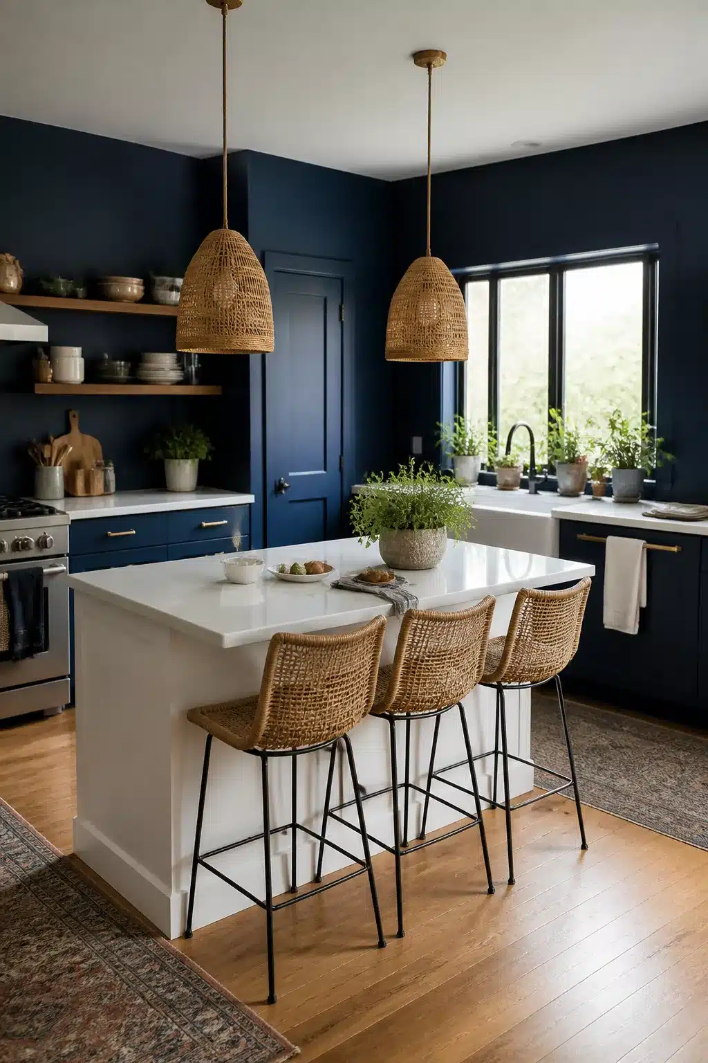 Navy kitchen walls with woven rattan pendant lights, white island, and rattan bar stools on light wood floors