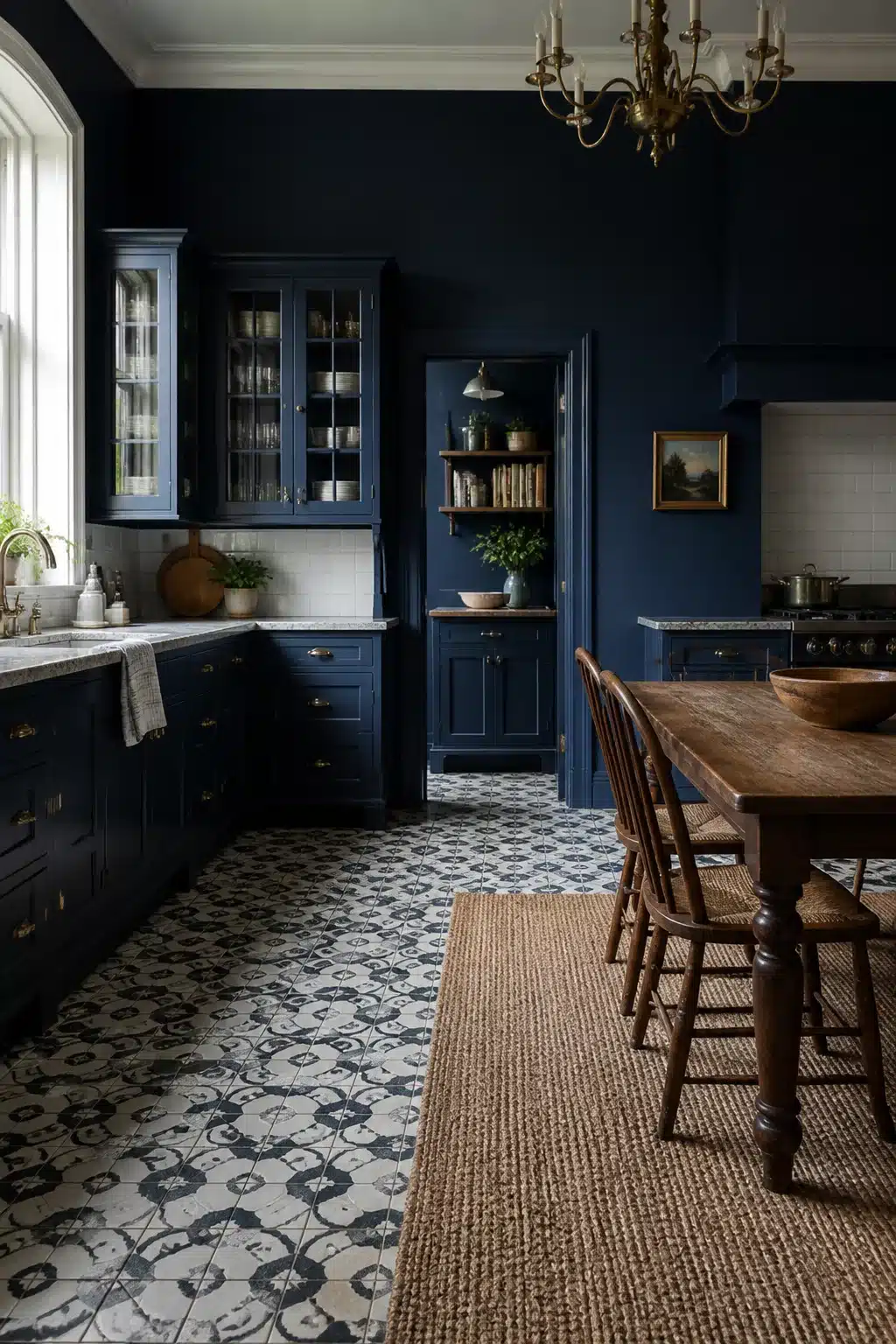 Navy kitchen walls in a Victorian kitchen with encaustic patterned floor tiles, brass chandelier, and farmhouse dining table
