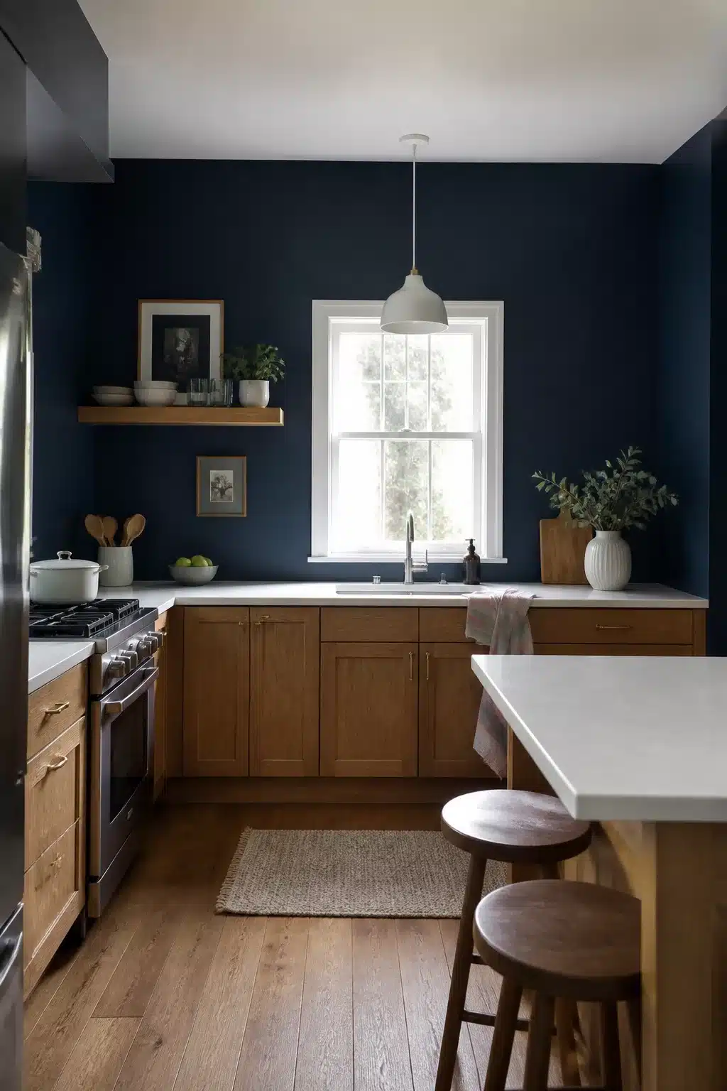 Navy kitchen walls with warm honey-toned wood lower cabinets, white quartz countertops, and a dome pendant light
