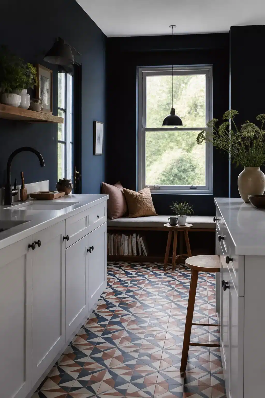 Navy kitchen walls with geometric patterned cement tile floor, white cabinets, and a built-in window seat