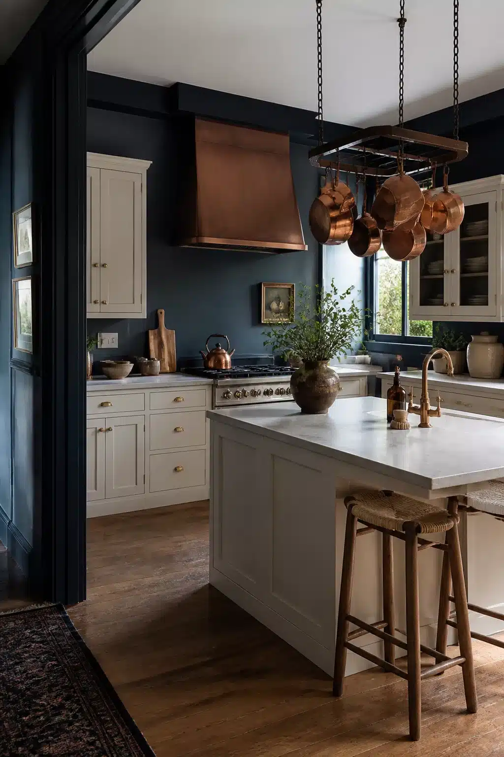 Navy kitchen walls with copper range hood, hanging pot rack, cream shaker cabinets, and marble island countertop.
