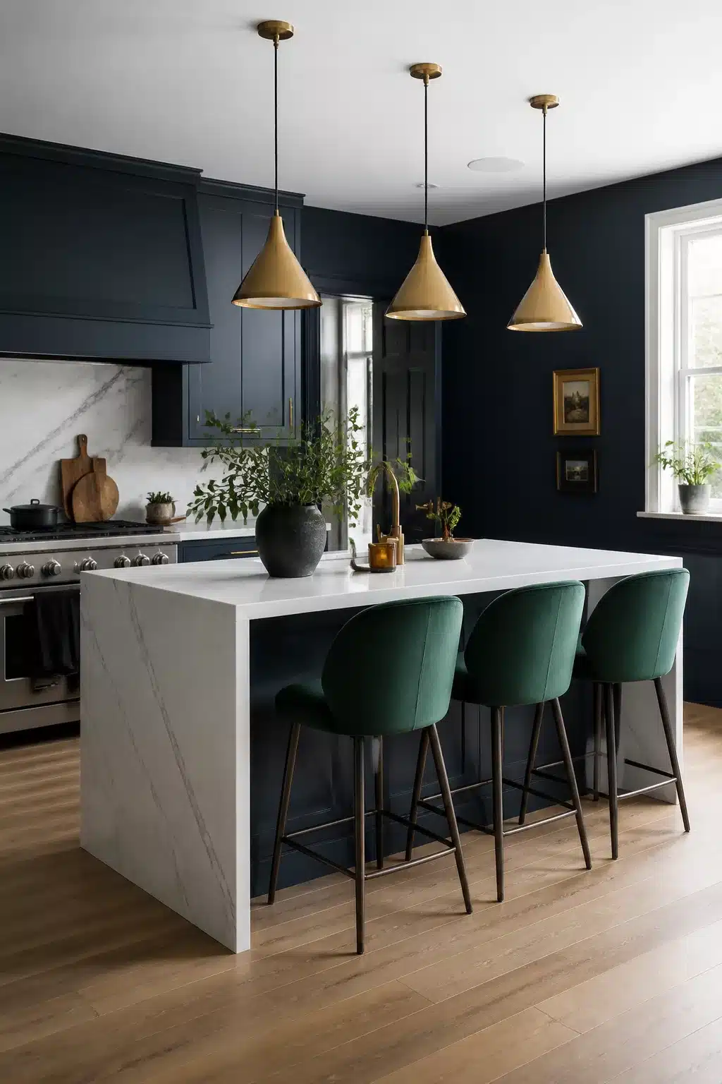 Navy kitchen walls with forest green velvet bar stools, brass pendants, and a marble waterfall island