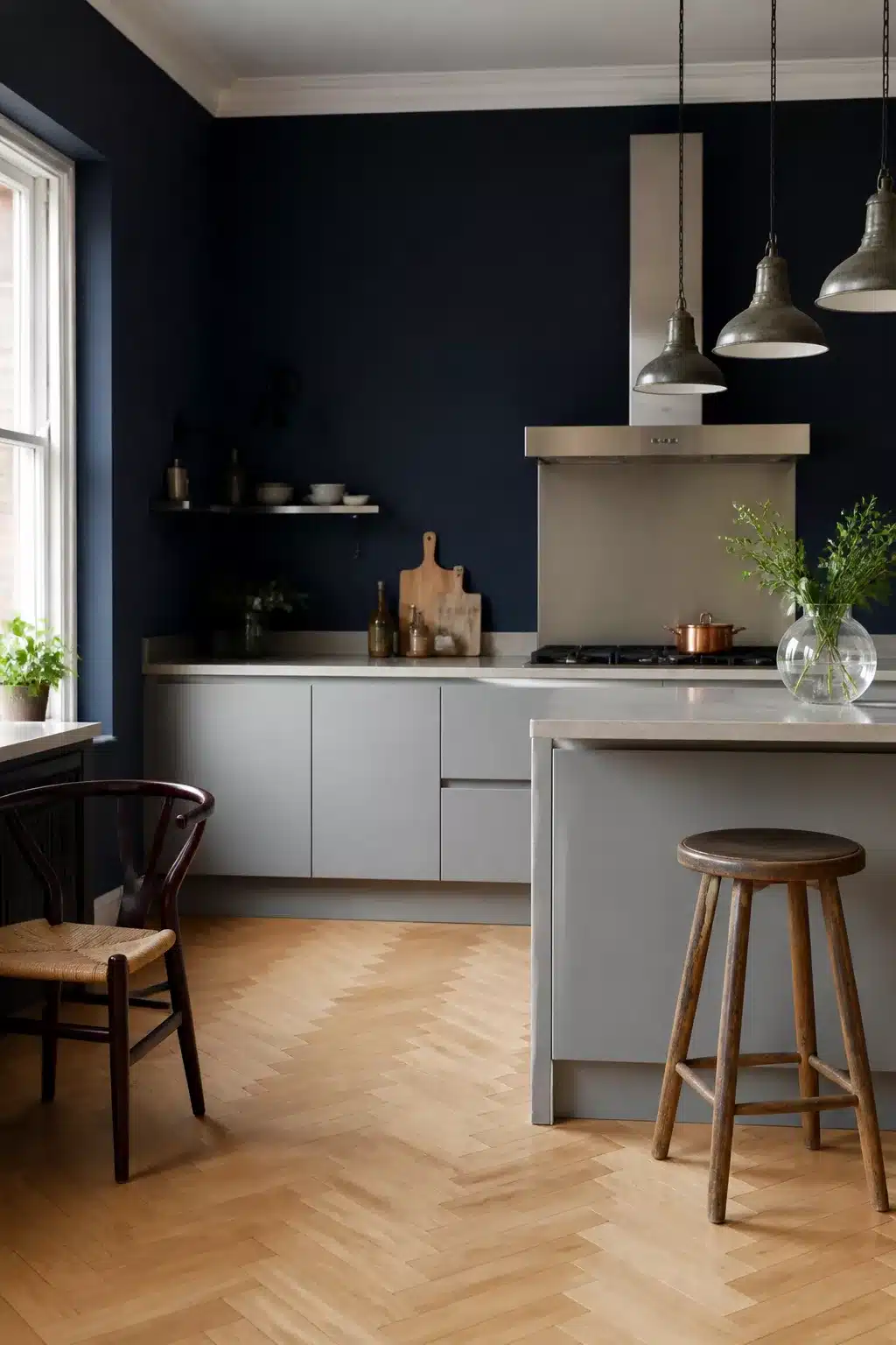 Navy kitchen walls with flat-front gray cabinets, herringbone parquet floor, and aged metal pendant lights