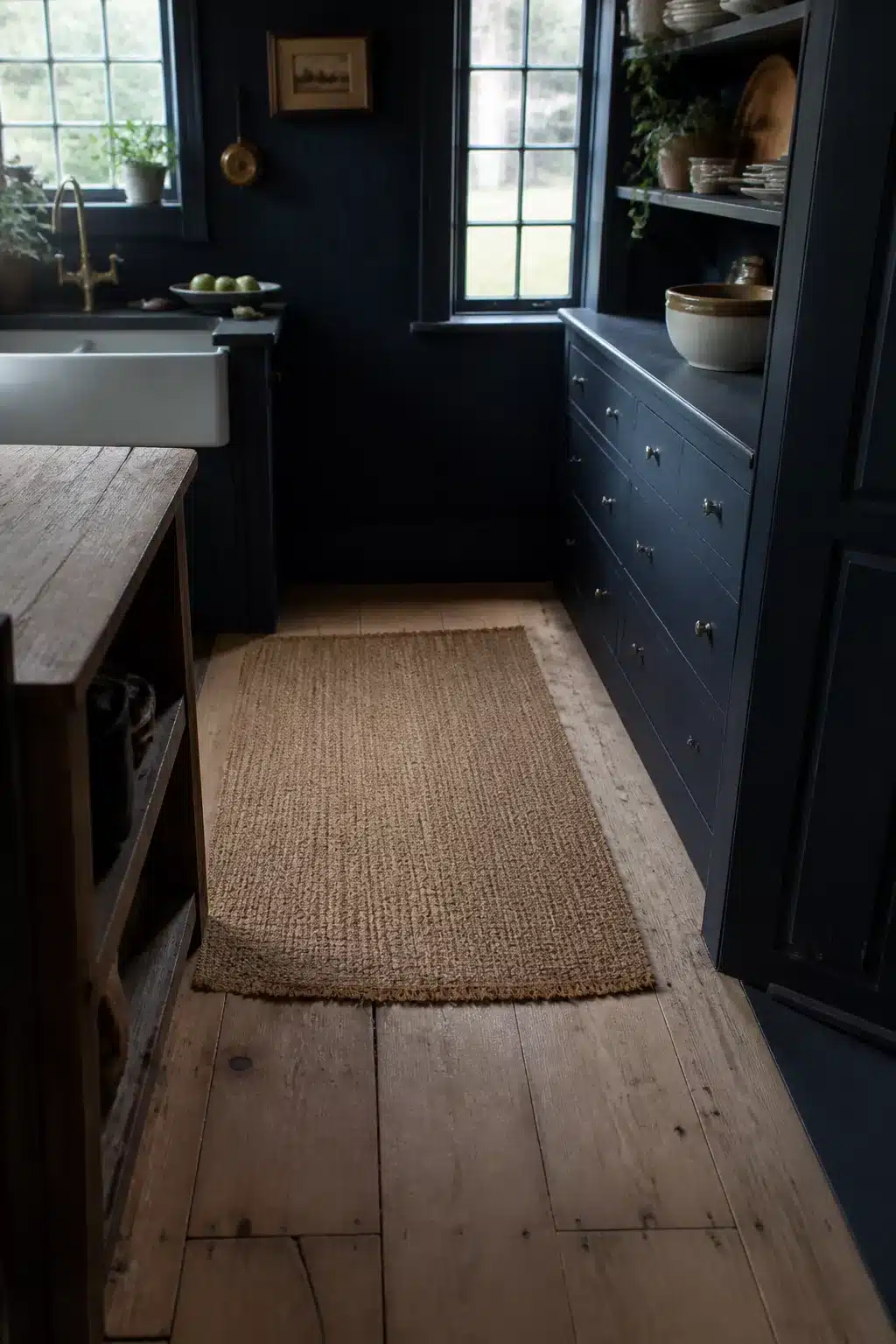 Navy kitchen walls with wide-plank wood floors, jute runner, farmhouse sink, and open shelving in a cottage kitchen