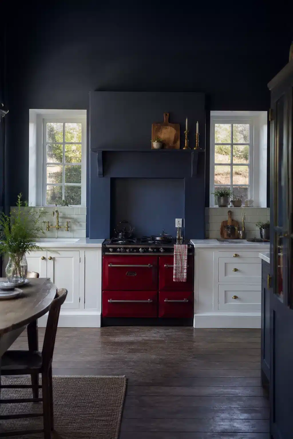 Navy kitchen walls with a bold crimson range cooker, white shaker cabinets, brass hardware, and twin windows.