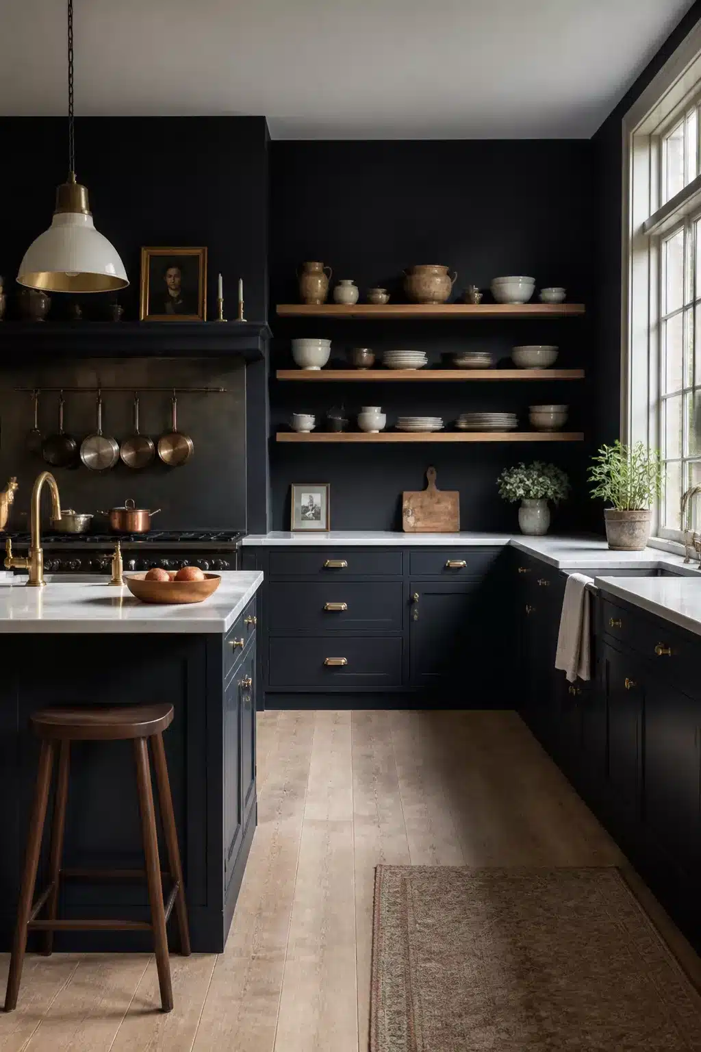 Navy kitchen walls with raw brass cabinet hardware, marble countertops, open wood shelving and copper pots