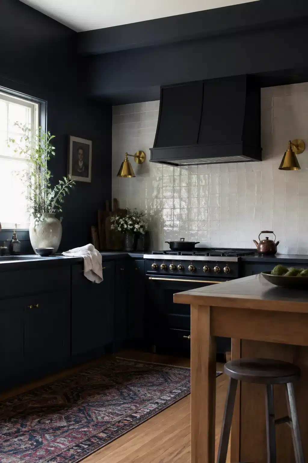 Navy kitchen walls with zellige tile backsplash, brass sconces, and black range — moody dark kitchen inspiration