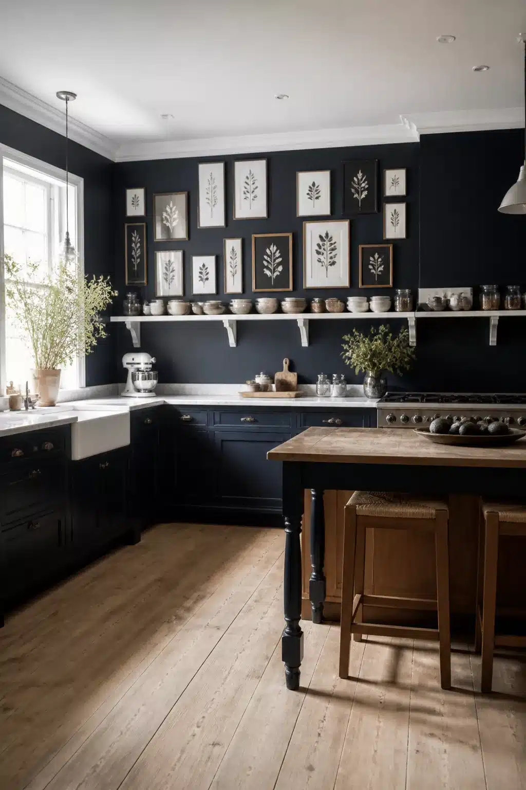 Navy kitchen walls with a botanical gallery wall above open shelving and a rustic wood island