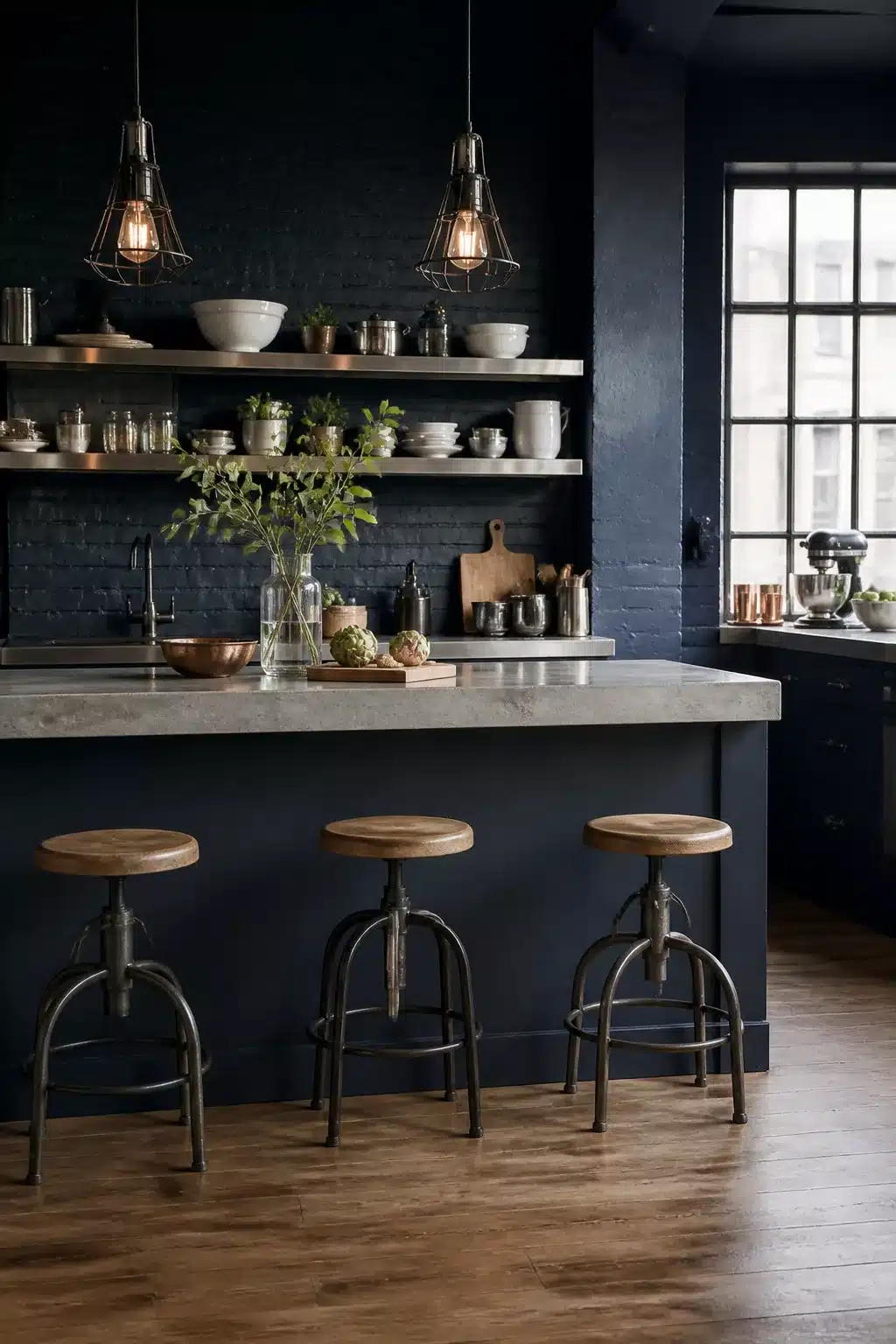 Navy kitchen walls with painted brick, concrete island, cage pendant lights, and industrial metal stools in a loft kitchen