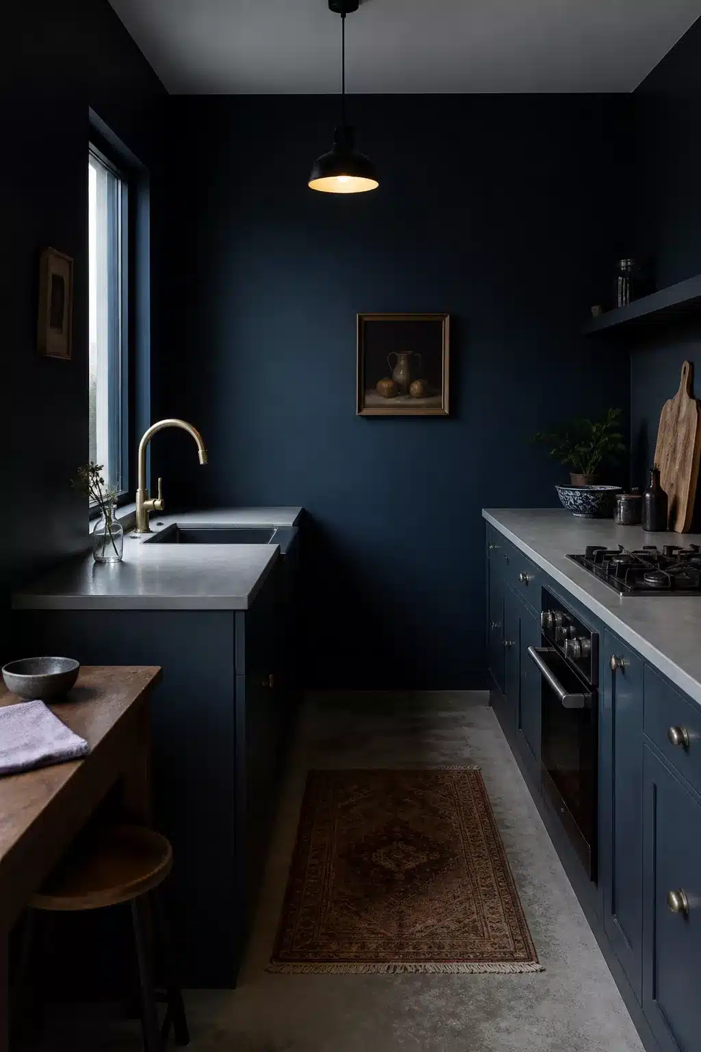 All-navy galley kitchen with navy walls, matching navy cabinets, concrete countertops and a Persian runner rug