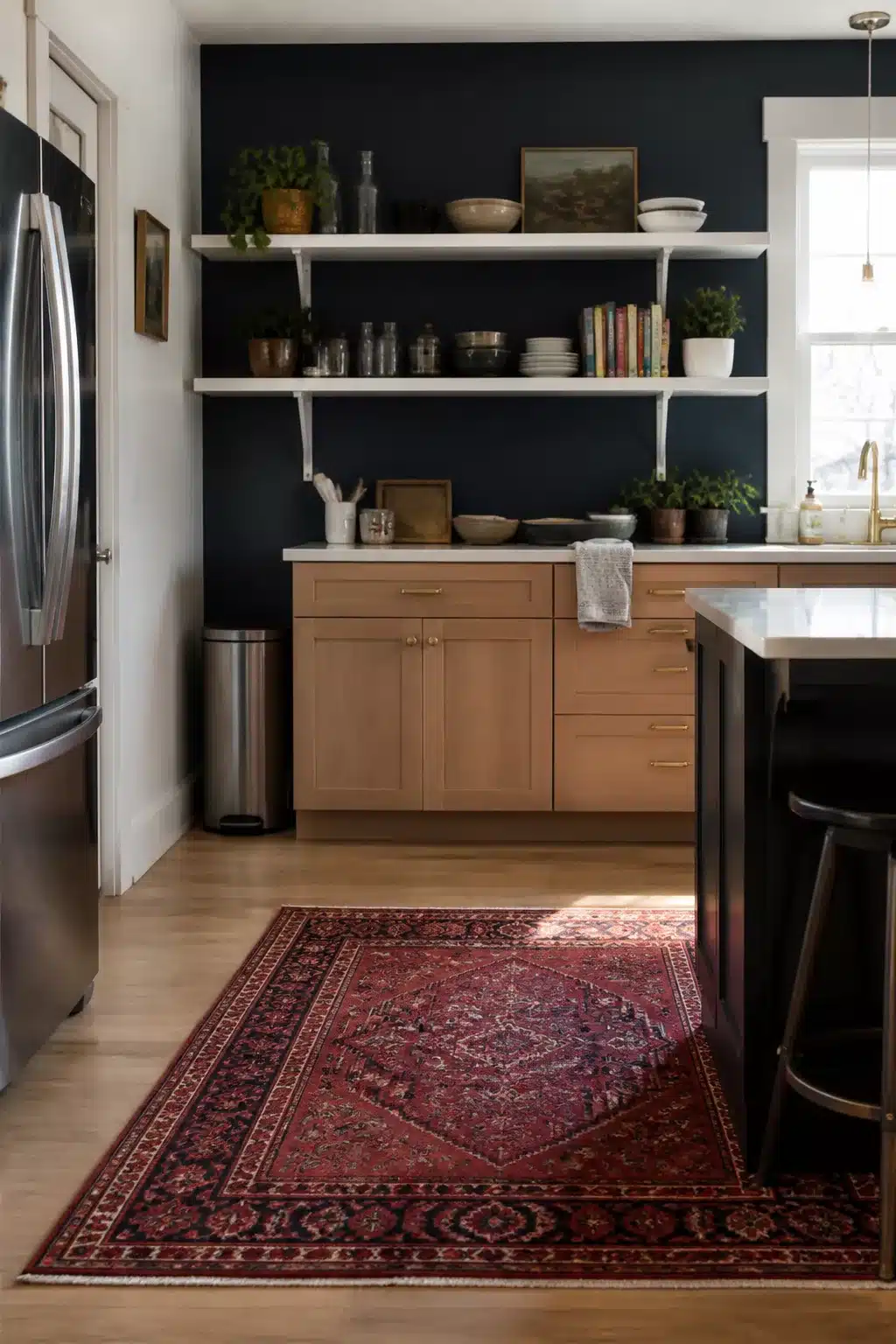 Navy kitchen walls with warm wood cabinets, white open shelving, and a red Persian rug on light hardwood floors.