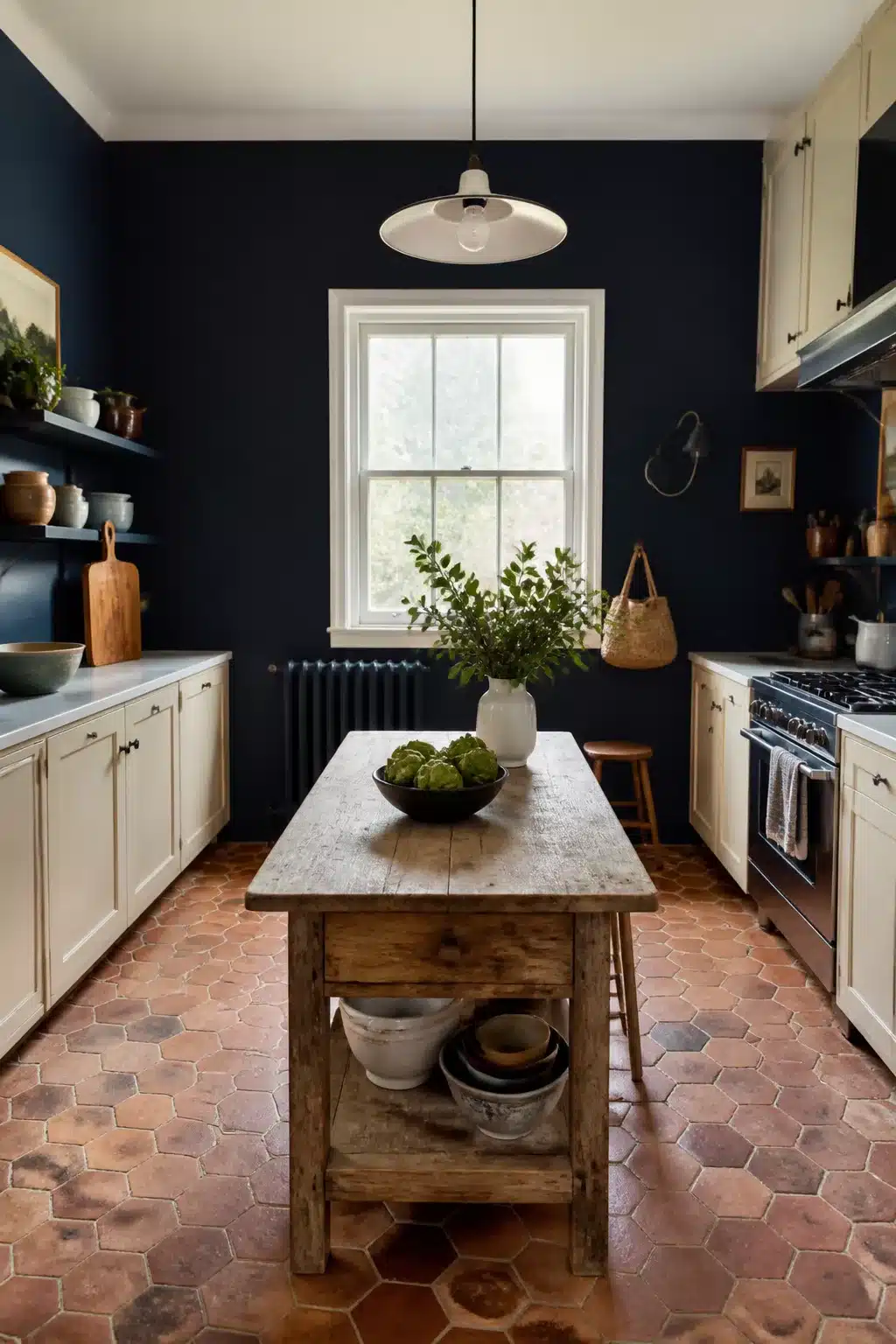 Navy kitchen walls with terracotta hexagon floor tiles, cream cabinets, and a rustic wood island