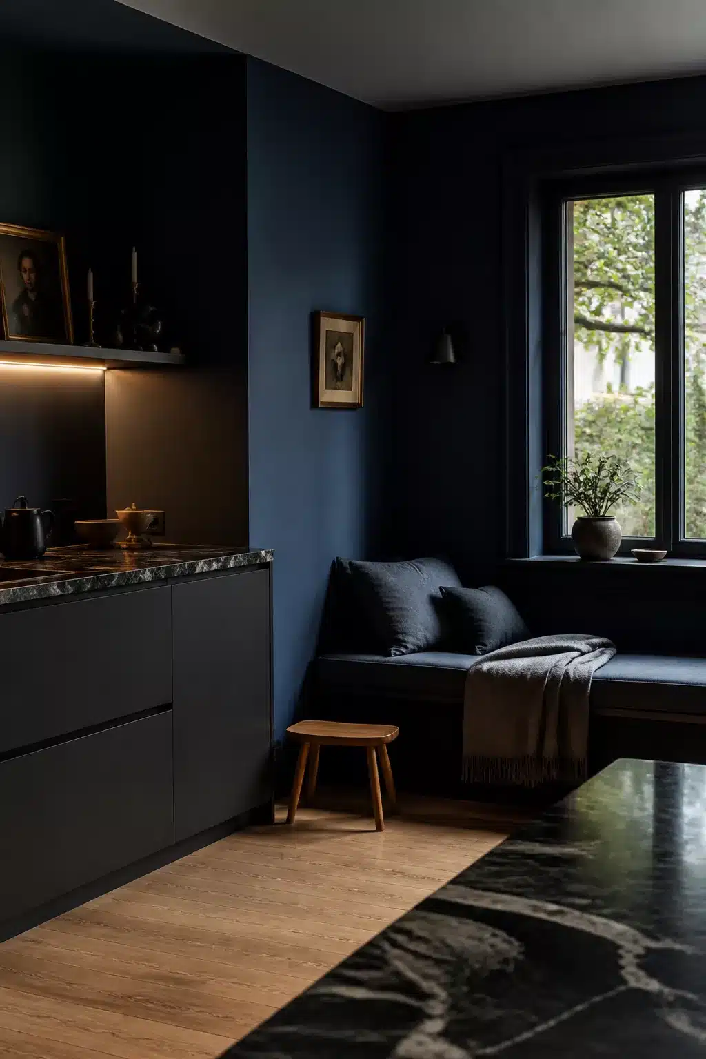 Navy kitchen walls with black flat-front cabinetry, dark marble countertops, and a built-in window seat