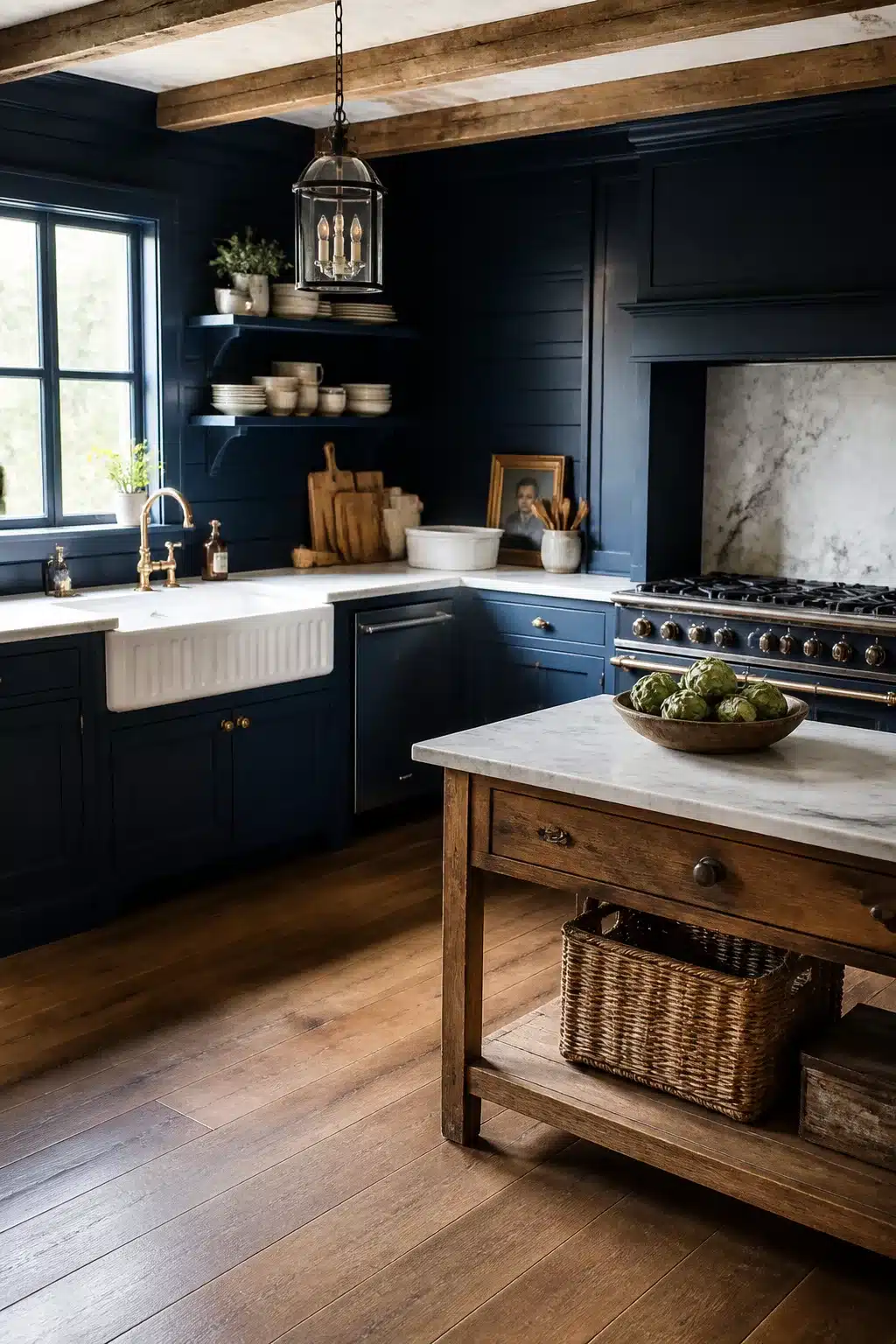 Navy kitchen walls with exposed timber ceiling beams, farmhouse sink, brass hardware, and a reclaimed wood island