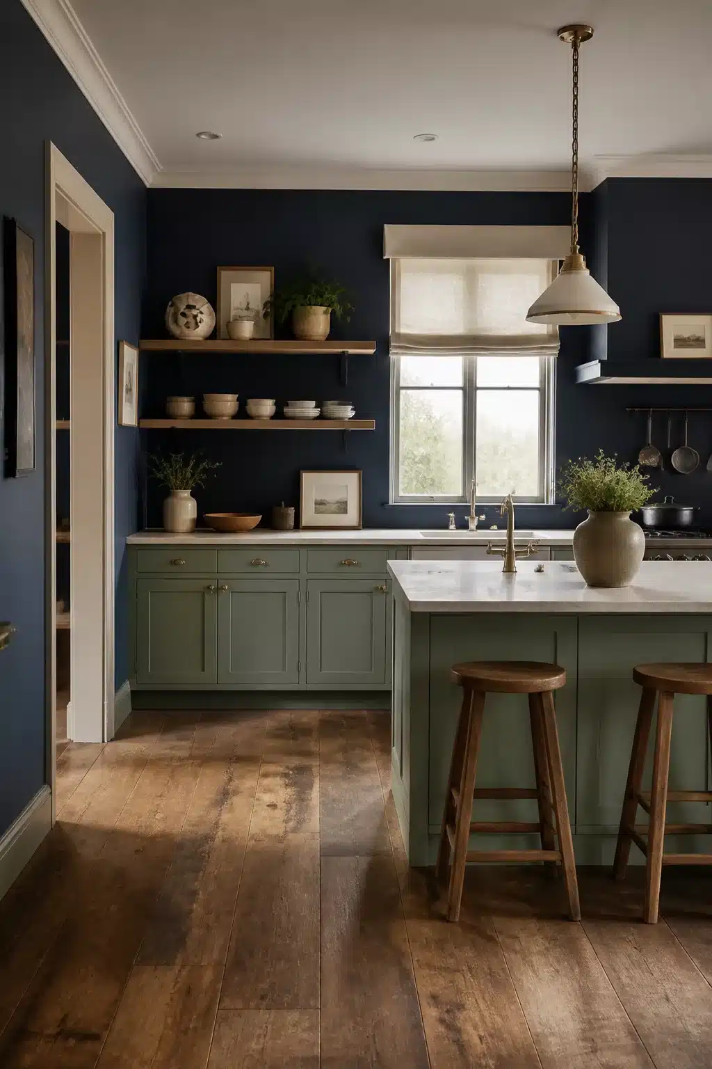Navy kitchen walls with sage green shaker cabinets, white marble countertops, and warm hardwood floors