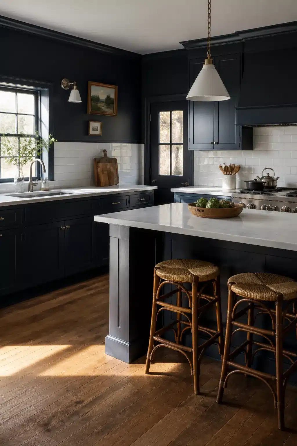 Navy kitchen walls with white subway tile backsplash, quartz countertops, rattan barstools, and warm hardwood floors
