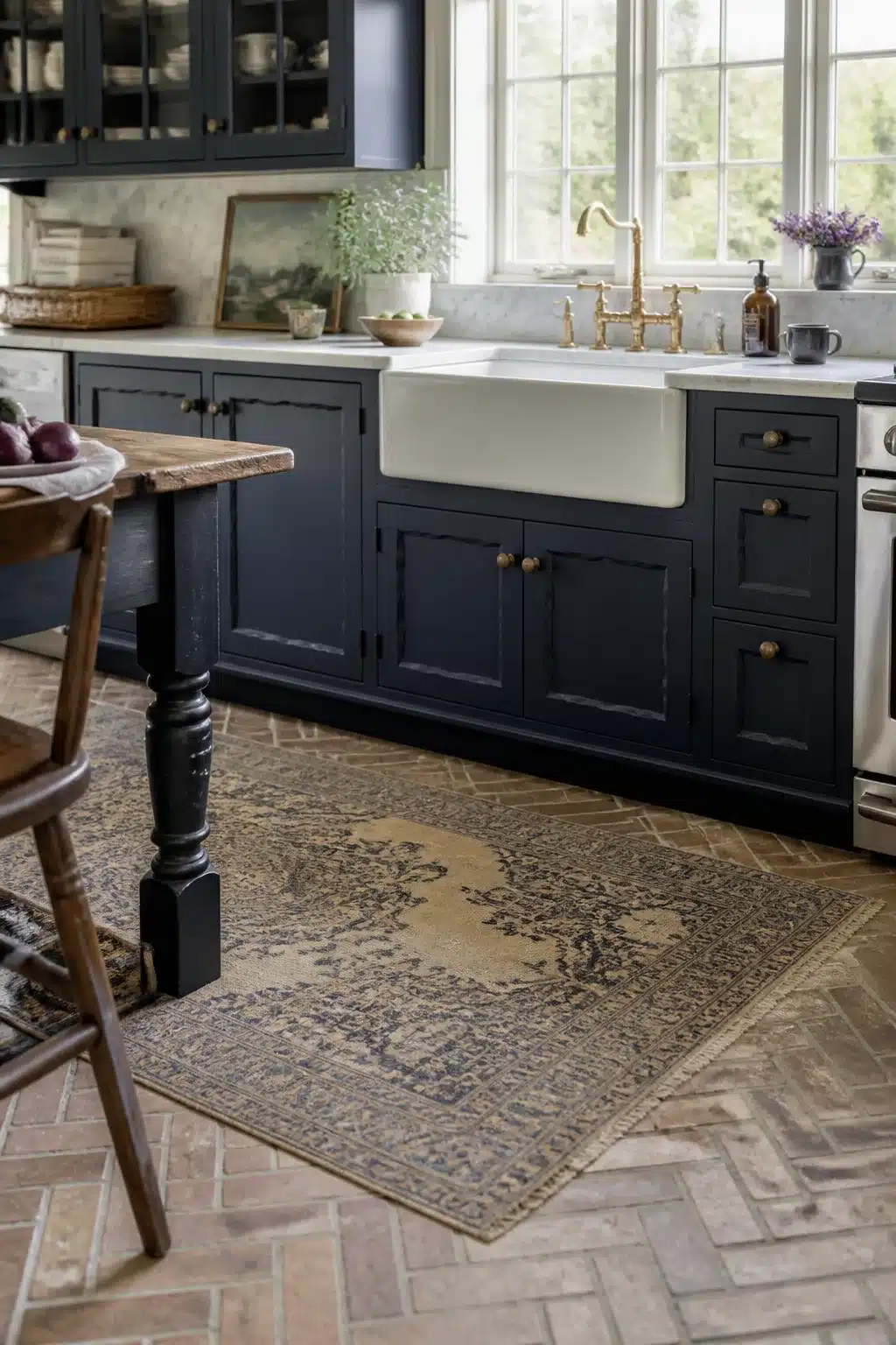Navy kitchen with marble countertops, raised panel cabinets, brass hardware, apron sink, and brick herringbone floor