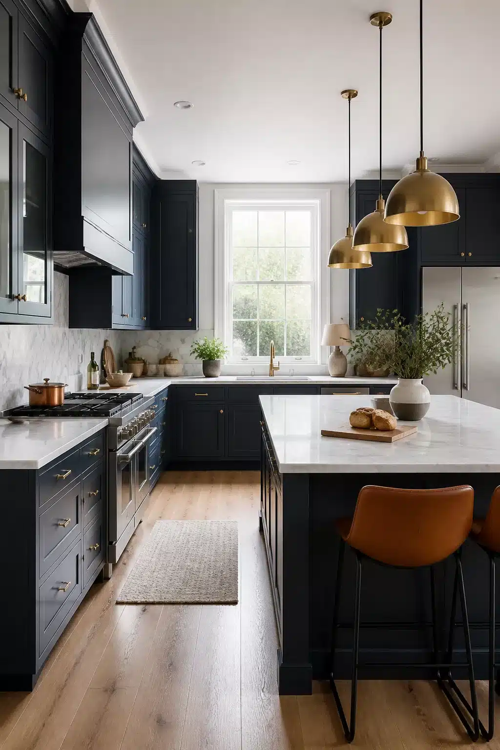 Navy kitchen with marble countertops featuring brass dome pendant lights over island and leather bar stools