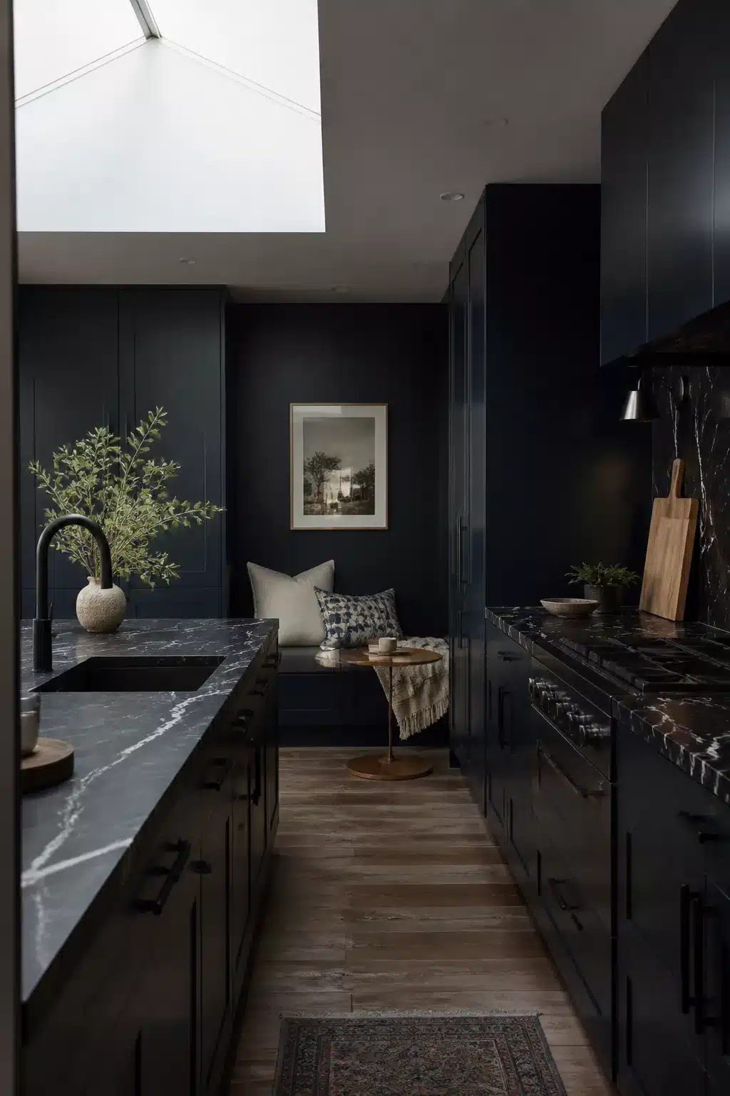 Navy kitchen with marble countertops, skylight, and built-in banquette seating nook at the end of a dark galley