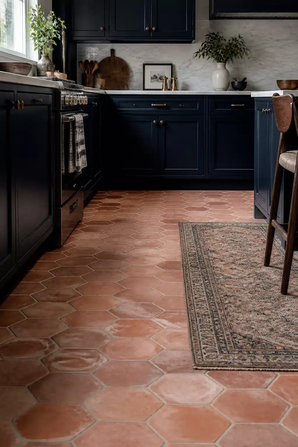 Navy kitchen with marble countertops and warm terracotta hexagon floor tiles with a vintage runner rug