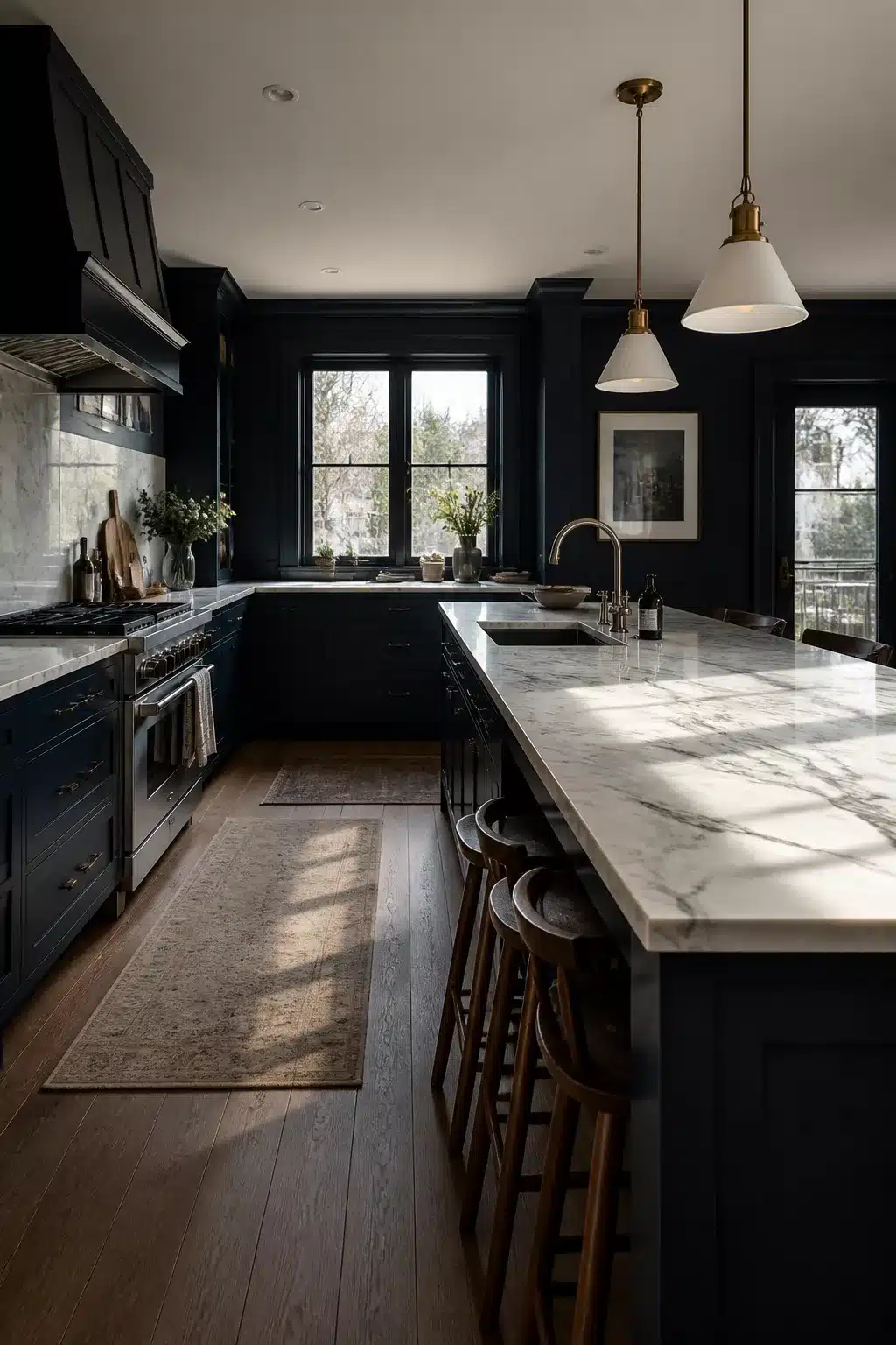 Navy kitchen with marble countertops, brass cone pendants, wide plank hardwood floors, and wood bar stools