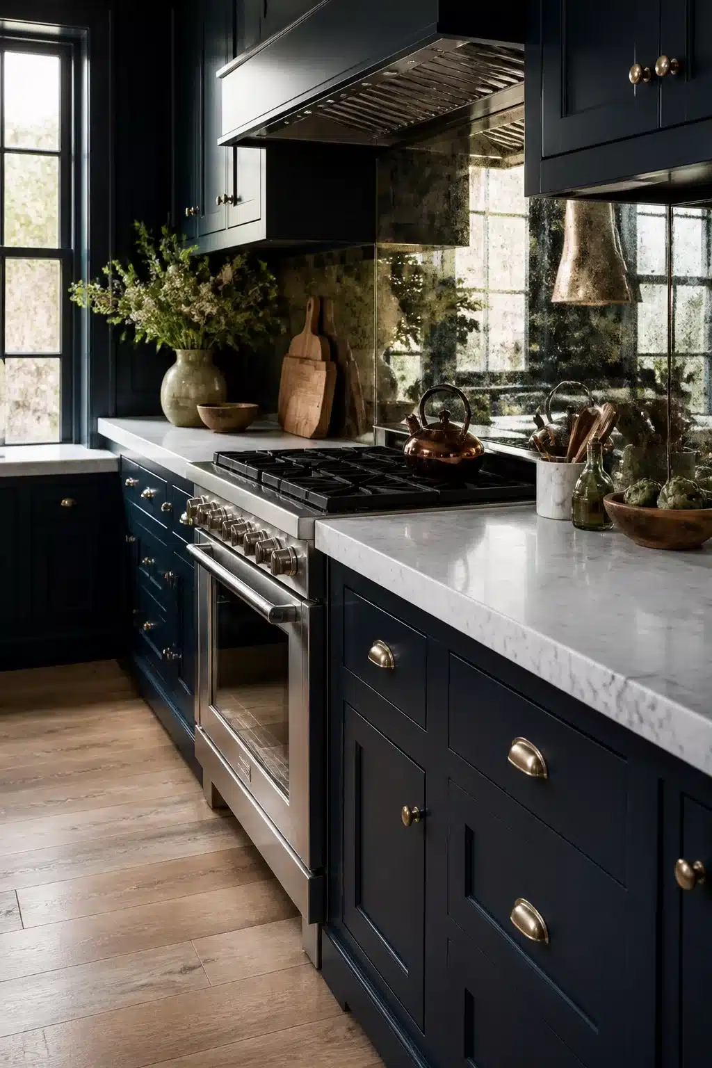 Navy kitchen with marble countertops, aged mirror backsplash, brass cup pulls, and stainless range