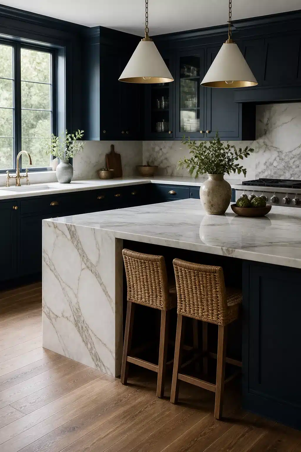 Navy kitchen with marble countertops featuring a Calacatta Gold waterfall island edge and rattan stools