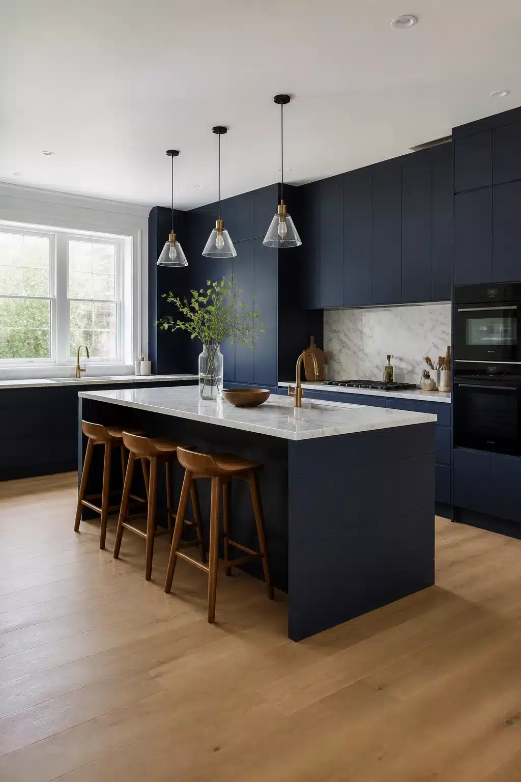 Minimalist navy kitchen with marble countertops, flat-front cabinets, clear glass pendants, and warm wood bar stools