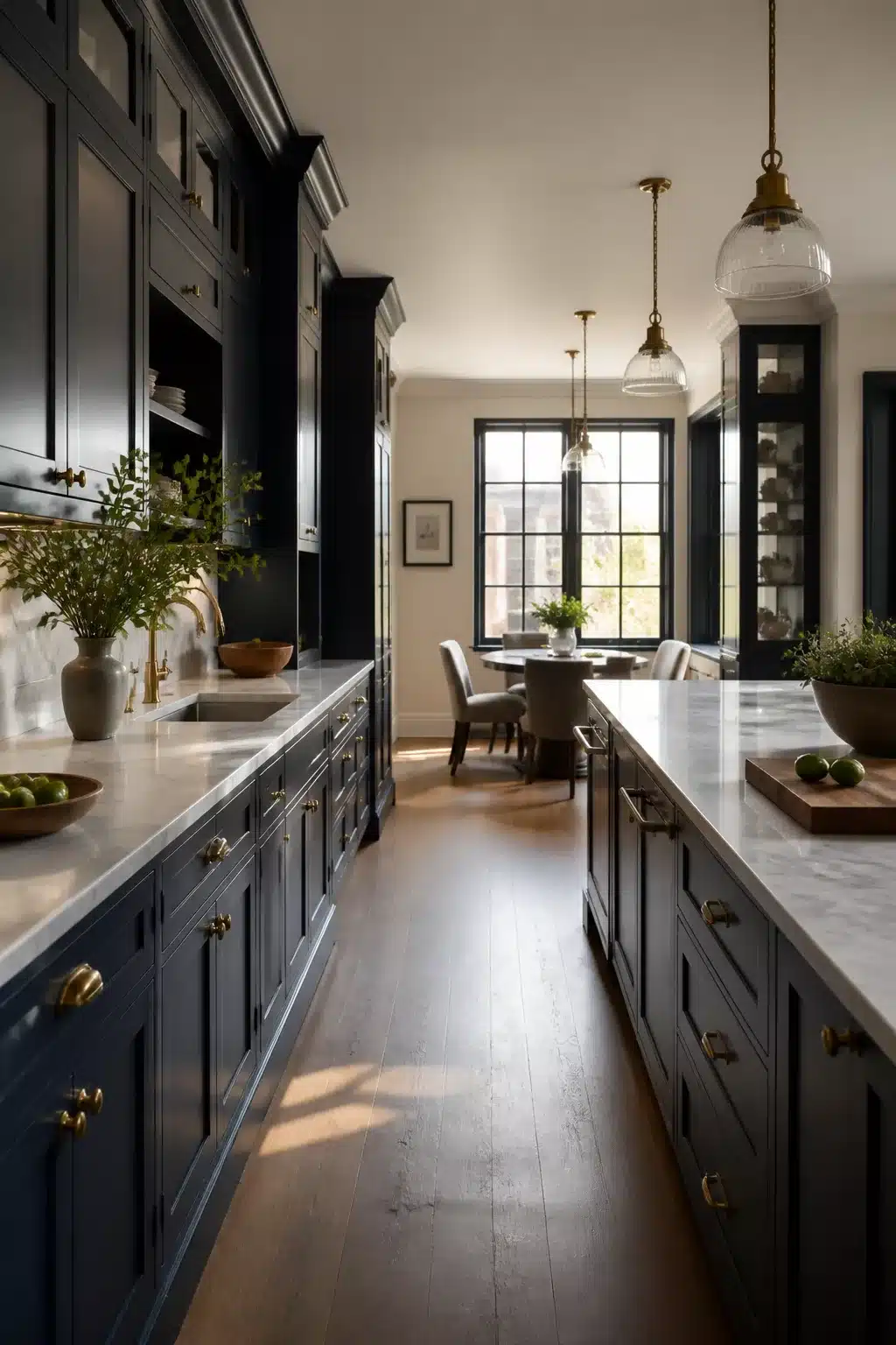 Navy kitchen with marble countertops in a galley layout, brass cup pulls, schoolhouse pendants, and warm wood floors