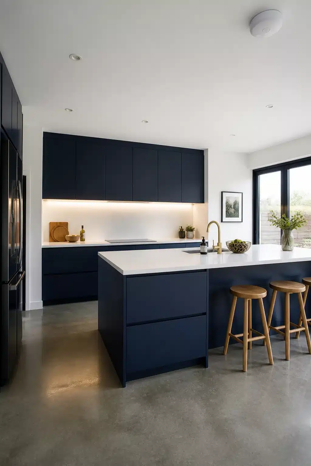 Handleless matte navy kitchen with white worktops, concrete floors, brass faucet and wood bar stools