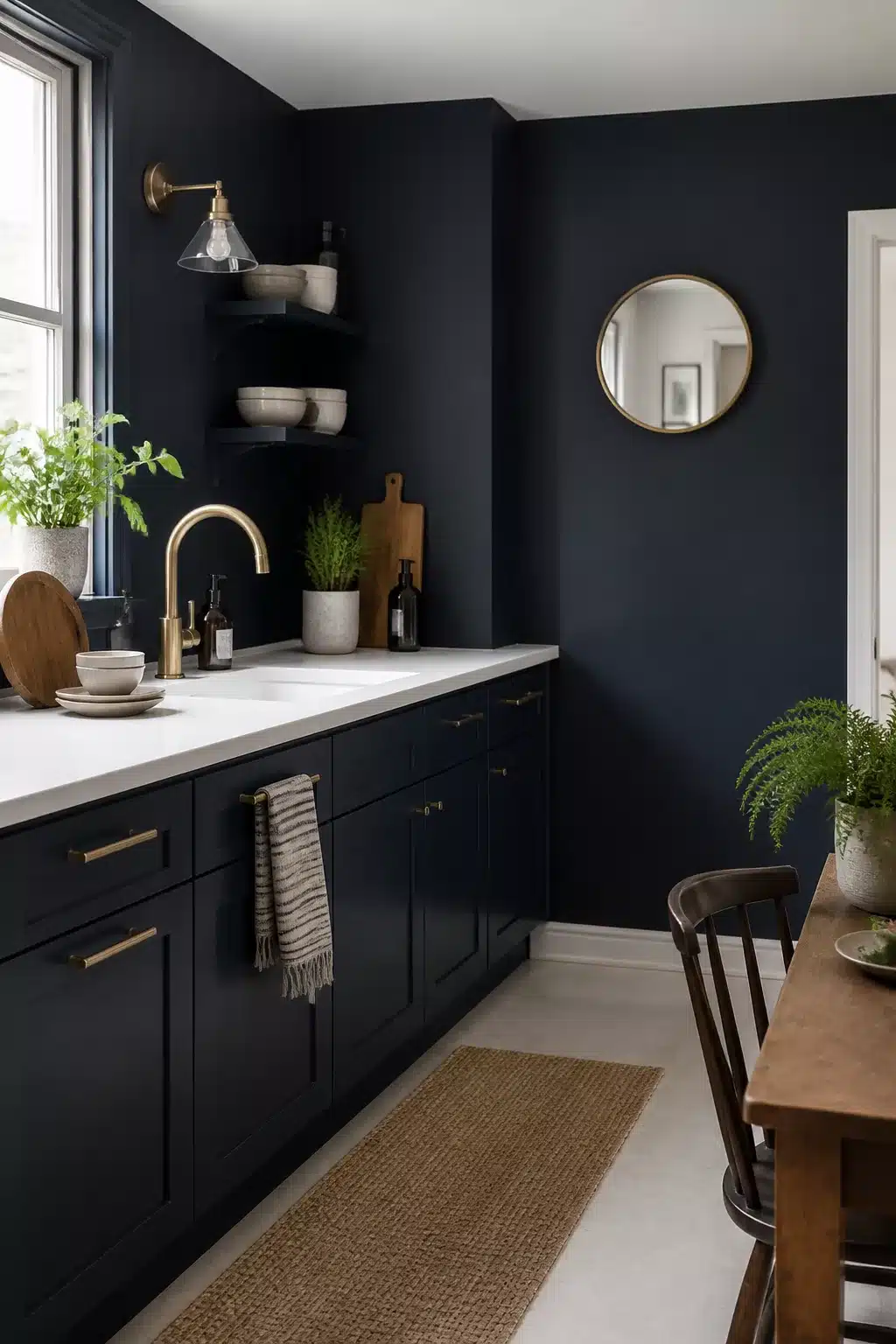 Compact navy kitchen with white worktops, brass faucet, wall sconce, round mirror, and open shelving
