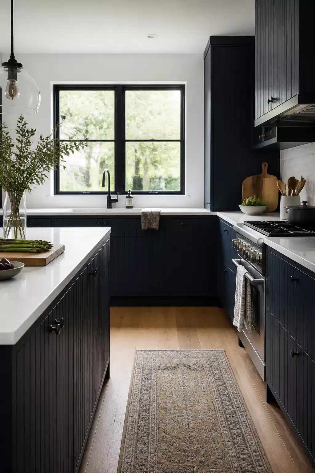 Fluted navy kitchen with white worktops, vintage runner rug, oak floors, and large window over the sink