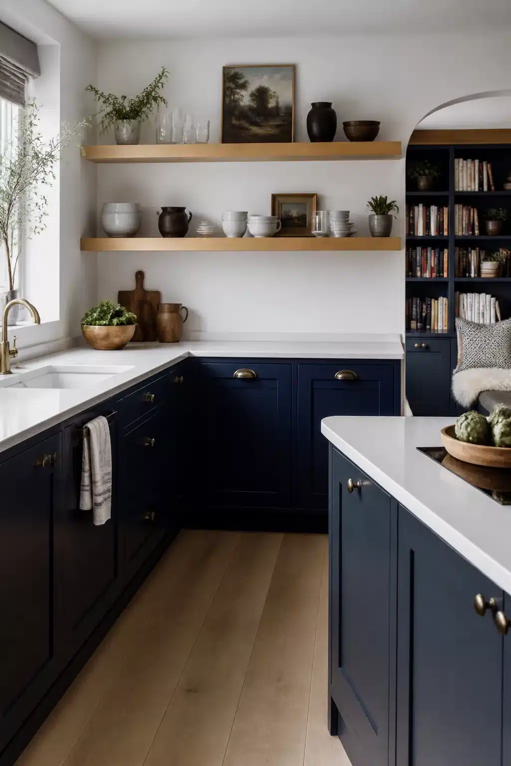 Navy kitchen with white worktops, oak floating shelves, antique brass cup pulls, and light wood floors
