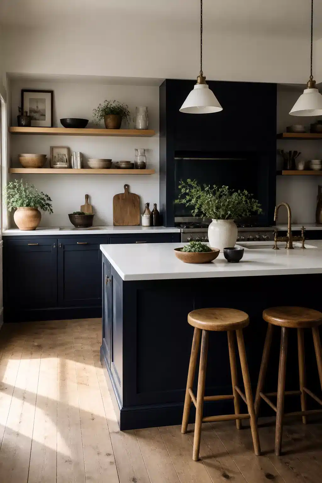 Navy kitchen with white worktops, warm wood bar stools, brass pendants, and open oak shelving
