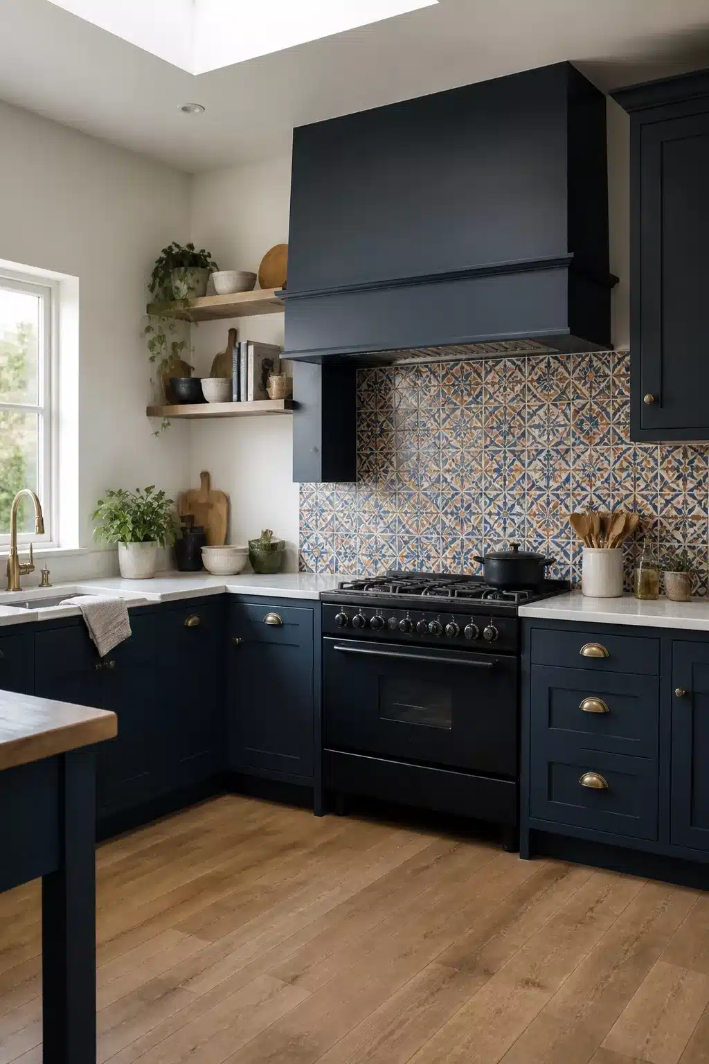 Navy kitchen with white worktops featuring a maximalist encaustic tile backsplash and matte black range hood
