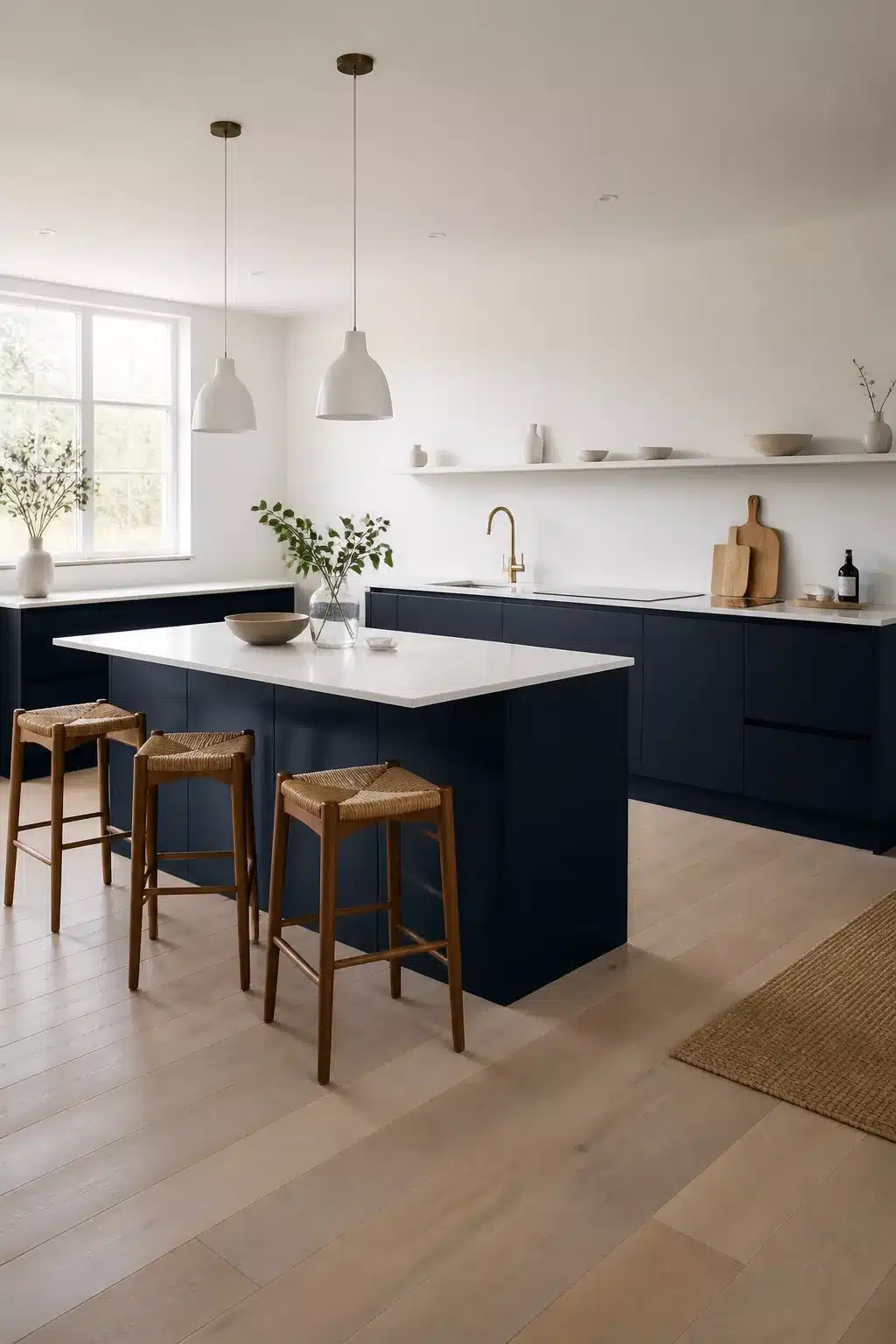 Navy kitchen with white worktops, pale wood floors, white dome pendants and woven bar stools in a Scandi-inspired layout