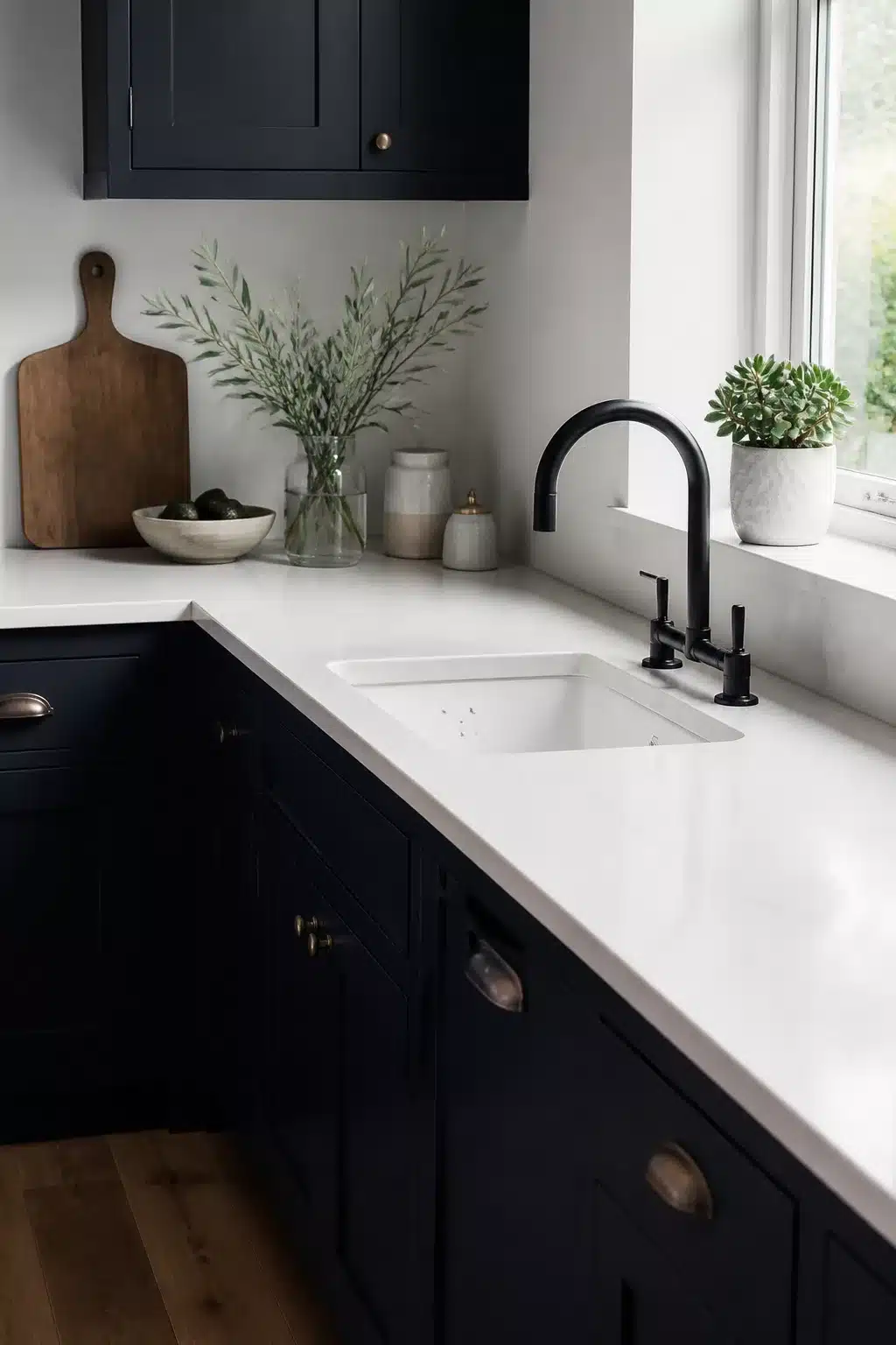 Navy kitchen with white worktops, matte black bridge faucet, brass cup pulls and undermount sink